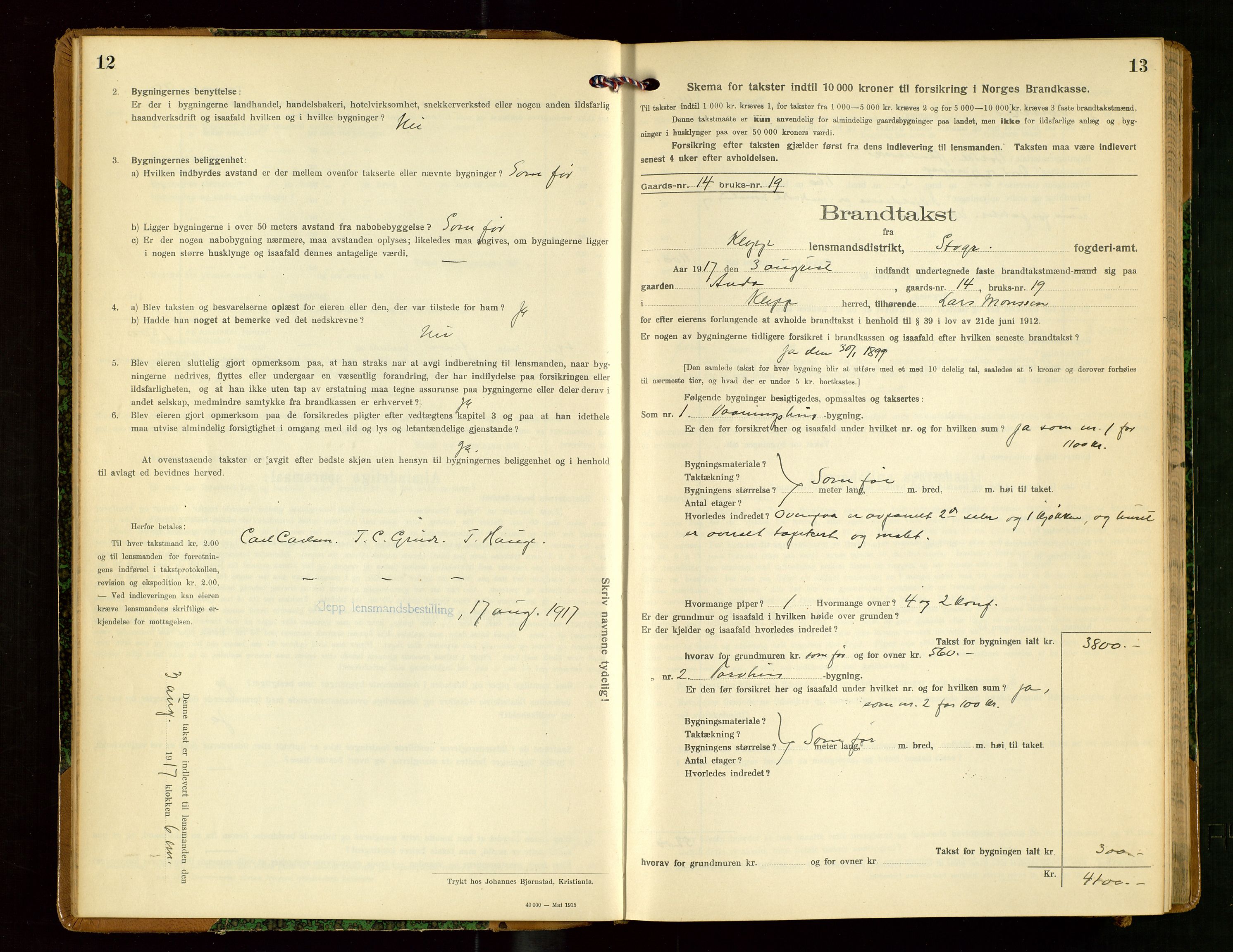 Klepp lensmannskontor, AV/SAST-A-100163/Goc/L0009: "Brandtakstprotokol" m/register, 1917-1919, s. 12-13