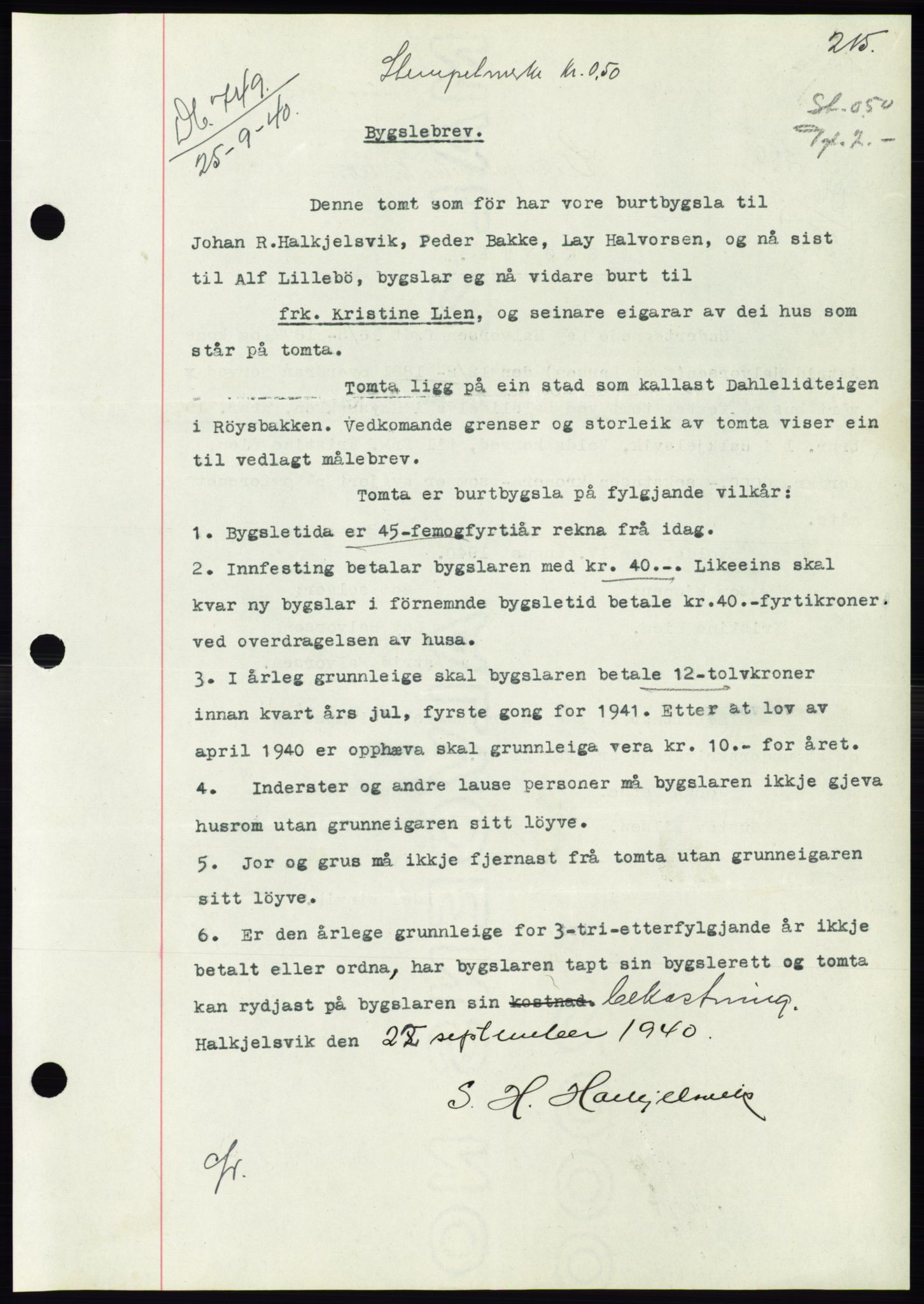 Søre Sunnmøre sorenskriveri, SAT/A-4122/1/2/2C/L0070: Pantebok nr. 64, 1940-1941, Dagboknr: 749/1940