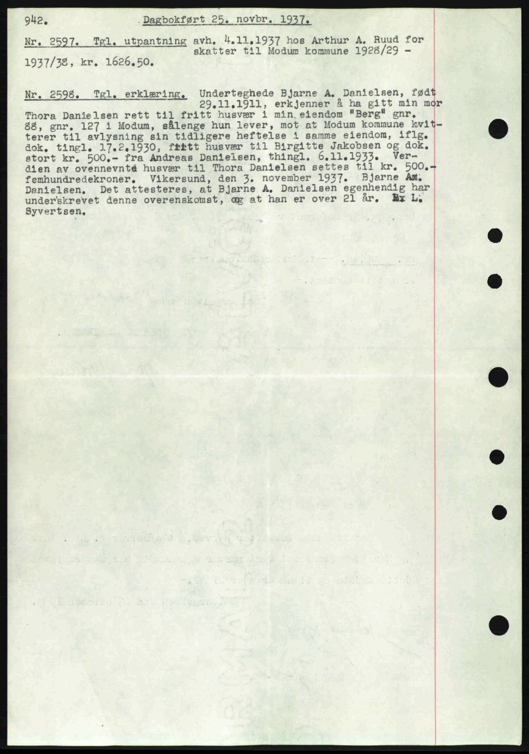 Eiker, Modum og Sigdal sorenskriveri, SAKO/A-123/G/Ga/Gab/L0036: Pantebok nr. A6, 1937-1937, Dagboknr: 2597/1937