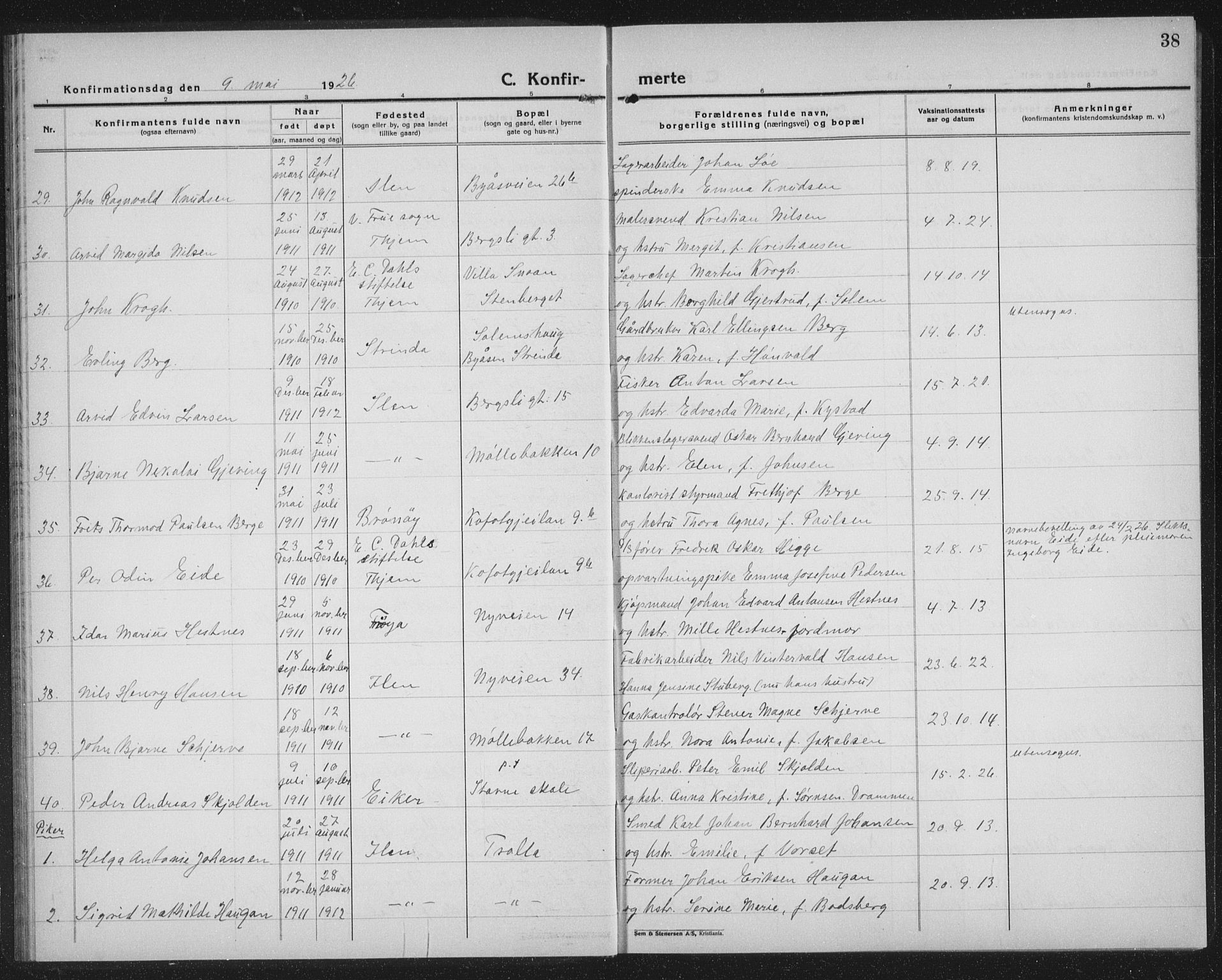 Ministerialprotokoller, klokkerbøker og fødselsregistre - Sør-Trøndelag, AV/SAT-A-1456/603/L0175: Klokkerbok nr. 603C03, 1923-1941, s. 38