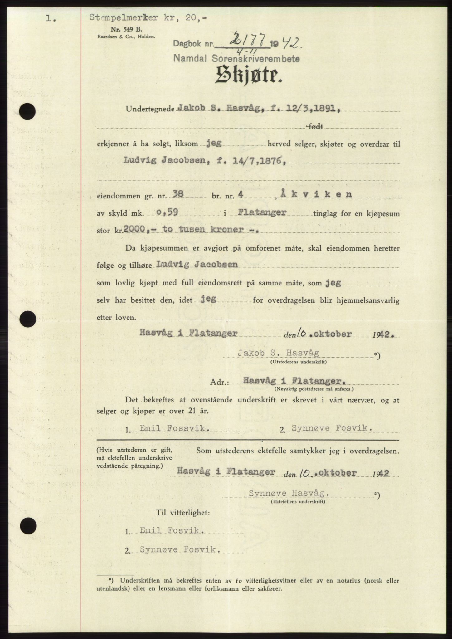 Namdal sorenskriveri, SAT/A-4133/1/2/2C: Pantebok nr. -, 1942-1943, Dagboknr: 2177/1942