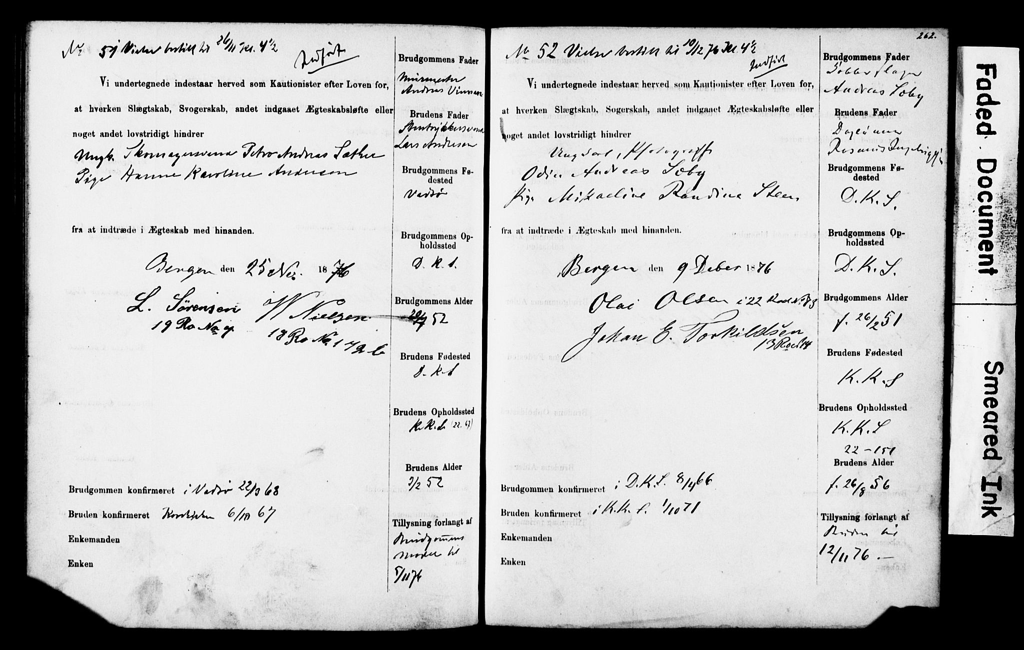Korskirken sokneprestembete, SAB/A-76101: Forlovererklæringer nr. II.5.4, 1871-1878, s. 262