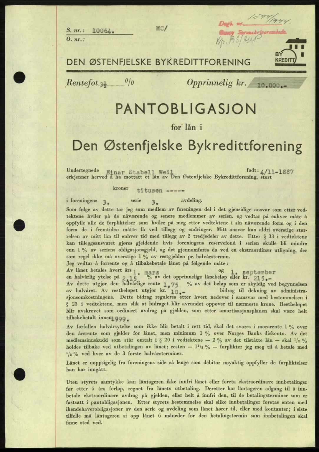 Onsøy sorenskriveri, SAO/A-10474/G/Ga/Gac/L0003: Pantebok nr. B3, 1940-1944, Dagboknr: 1579/1944