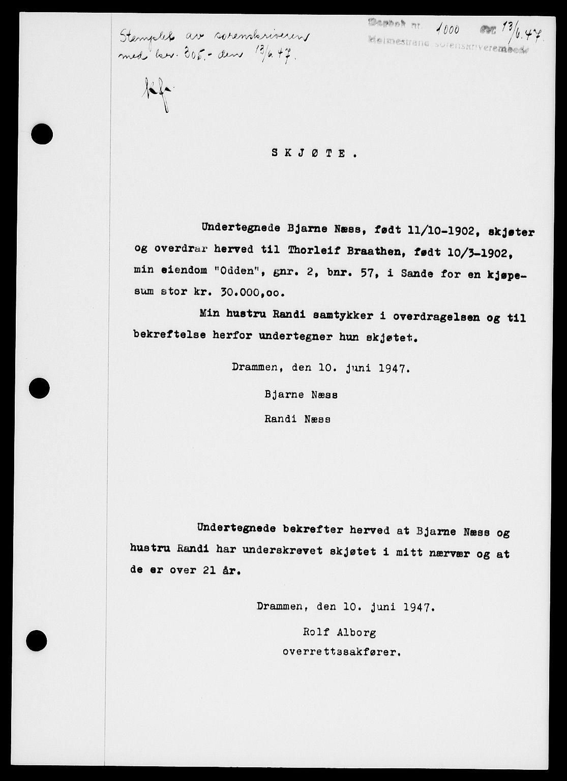 Holmestrand sorenskriveri, SAKO/A-67/G/Ga/Gaa/L0062: Pantebok nr. A-62, 1947-1947, Dagboknr: 1000/1947