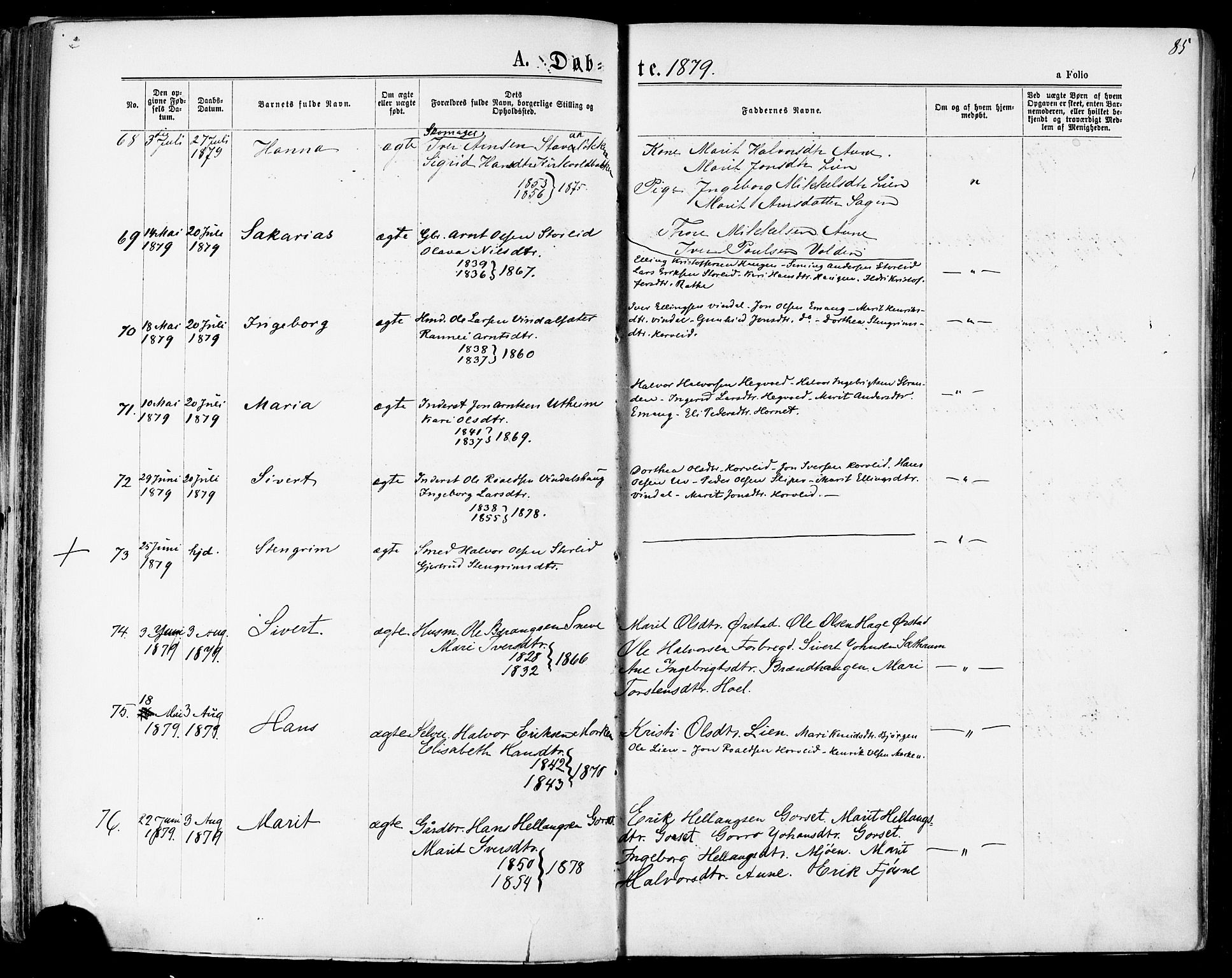 Ministerialprotokoller, klokkerbøker og fødselsregistre - Sør-Trøndelag, AV/SAT-A-1456/678/L0900: Ministerialbok nr. 678A09, 1872-1881, s. 85