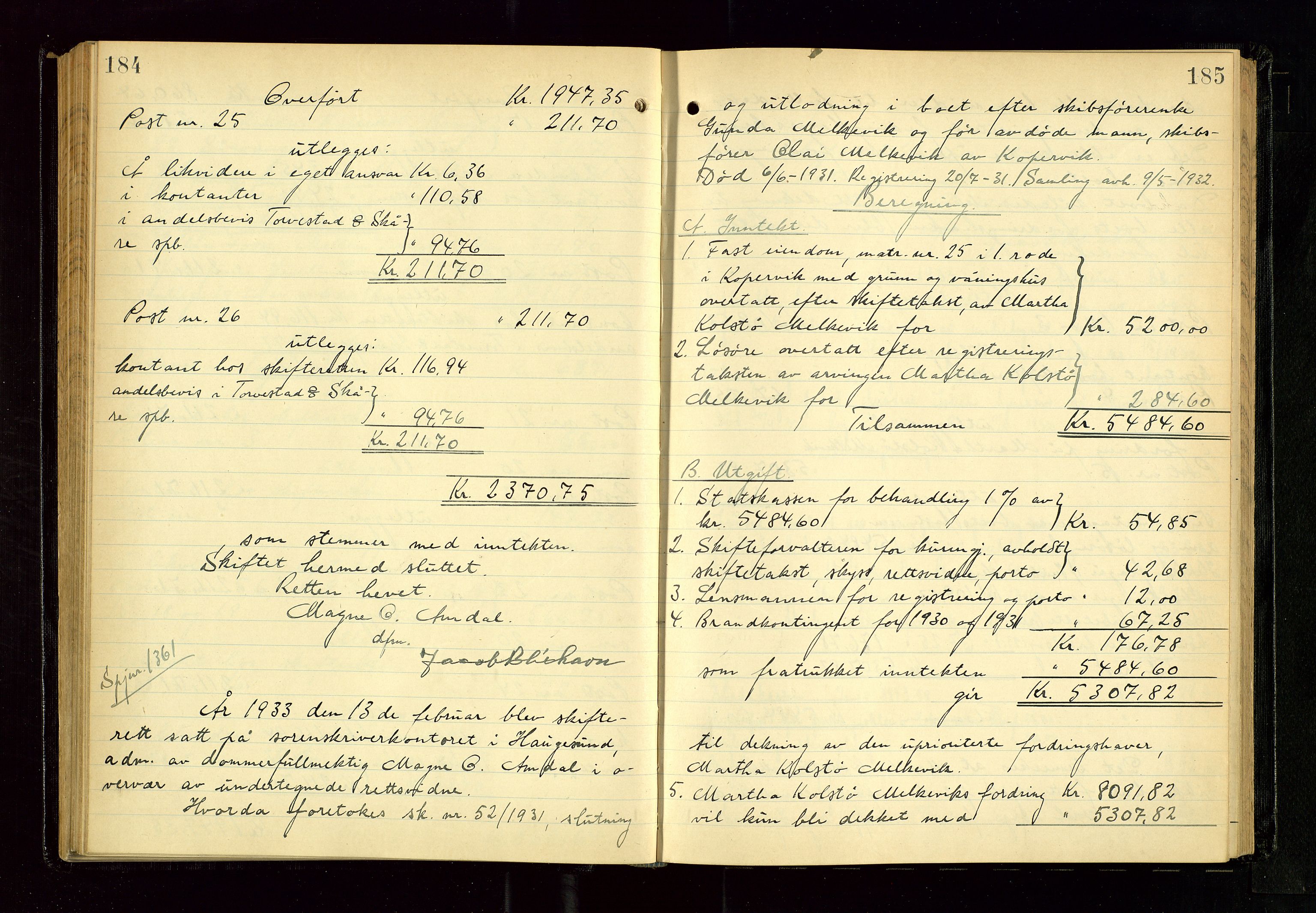 Karmsund sorenskriveri, AV/SAST-A-100311/01/IV/IVGB/L0005: SKIFTEUTLODNINGSPROTOKOLL, 1931-1936, s. 184-185