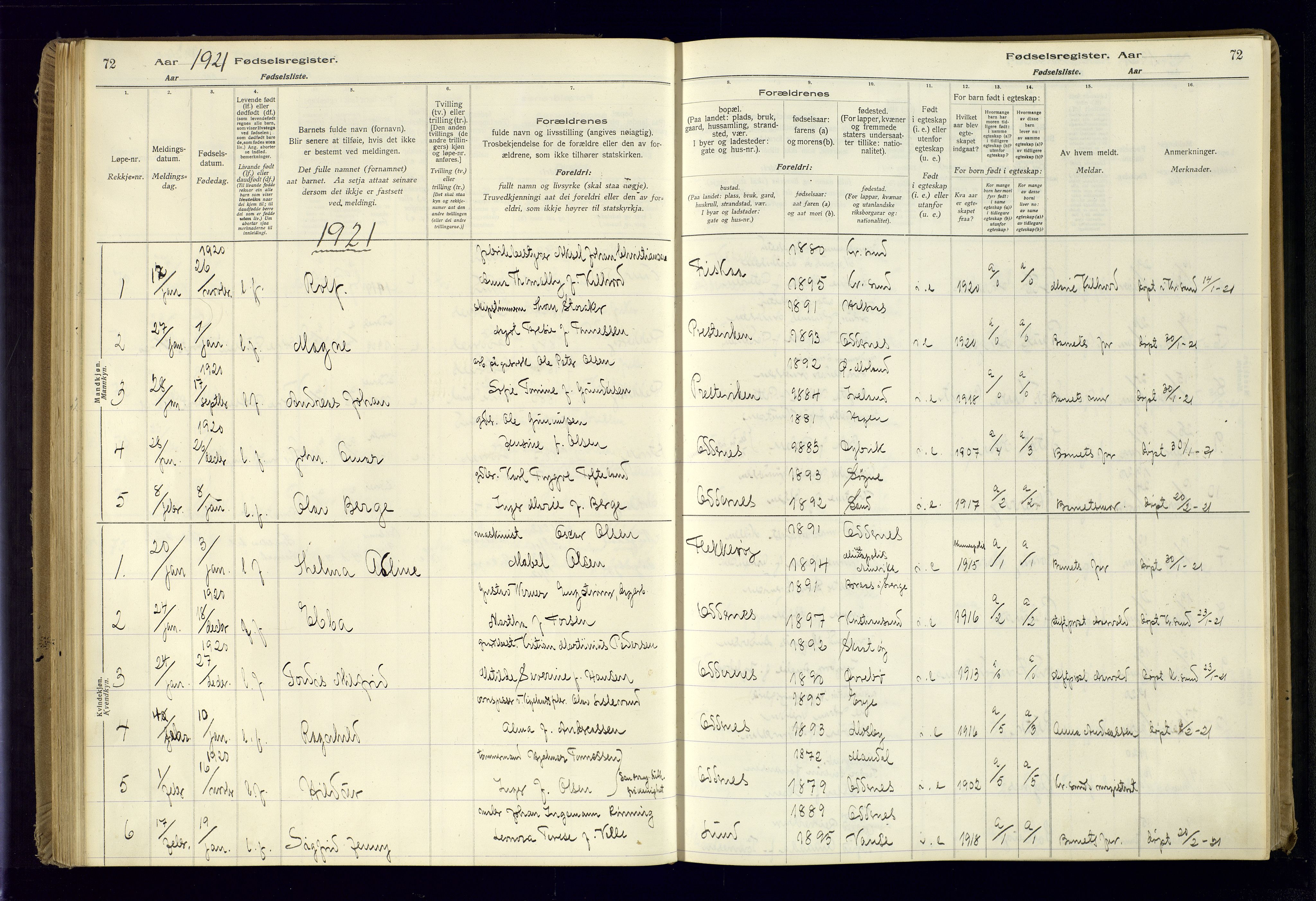 Oddernes sokneprestkontor, SAK/1111-0033/J/Ja/L0001: Fødselsregister nr. 1, 1916-1935, s. 72