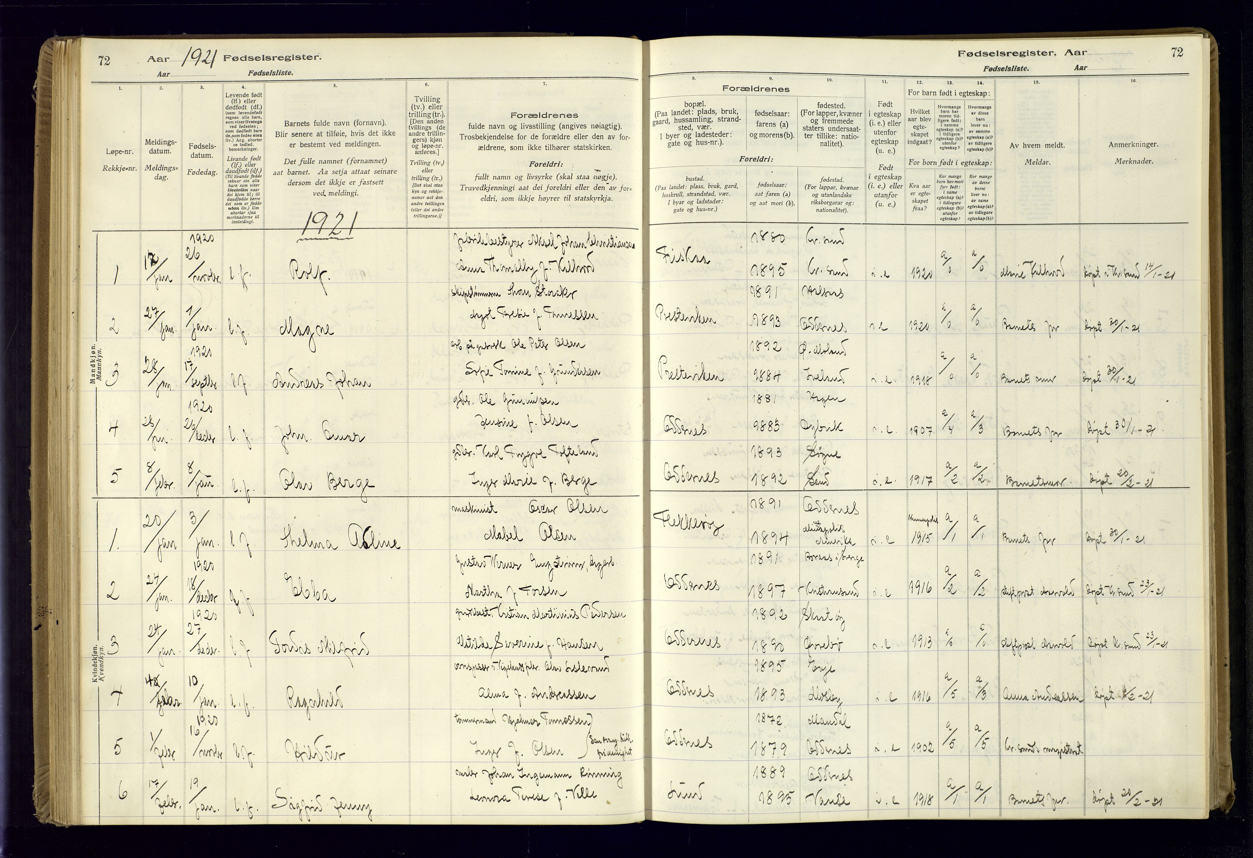 Oddernes sokneprestkontor, AV/SAK-1111-0033/J/Ja/L0001: Fødselsregister nr. 1, 1916-1935, s. 72