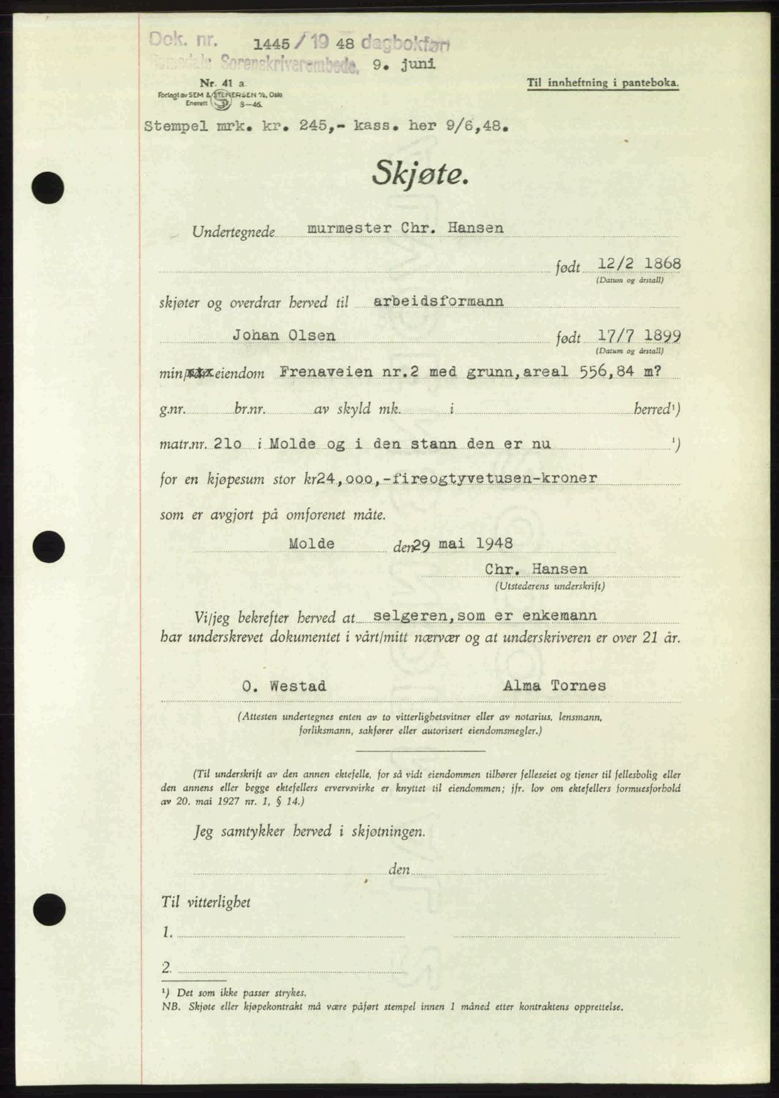 Romsdal sorenskriveri, AV/SAT-A-4149/1/2/2C: Pantebok nr. A26, 1948-1948, Dagboknr: 1445/1948