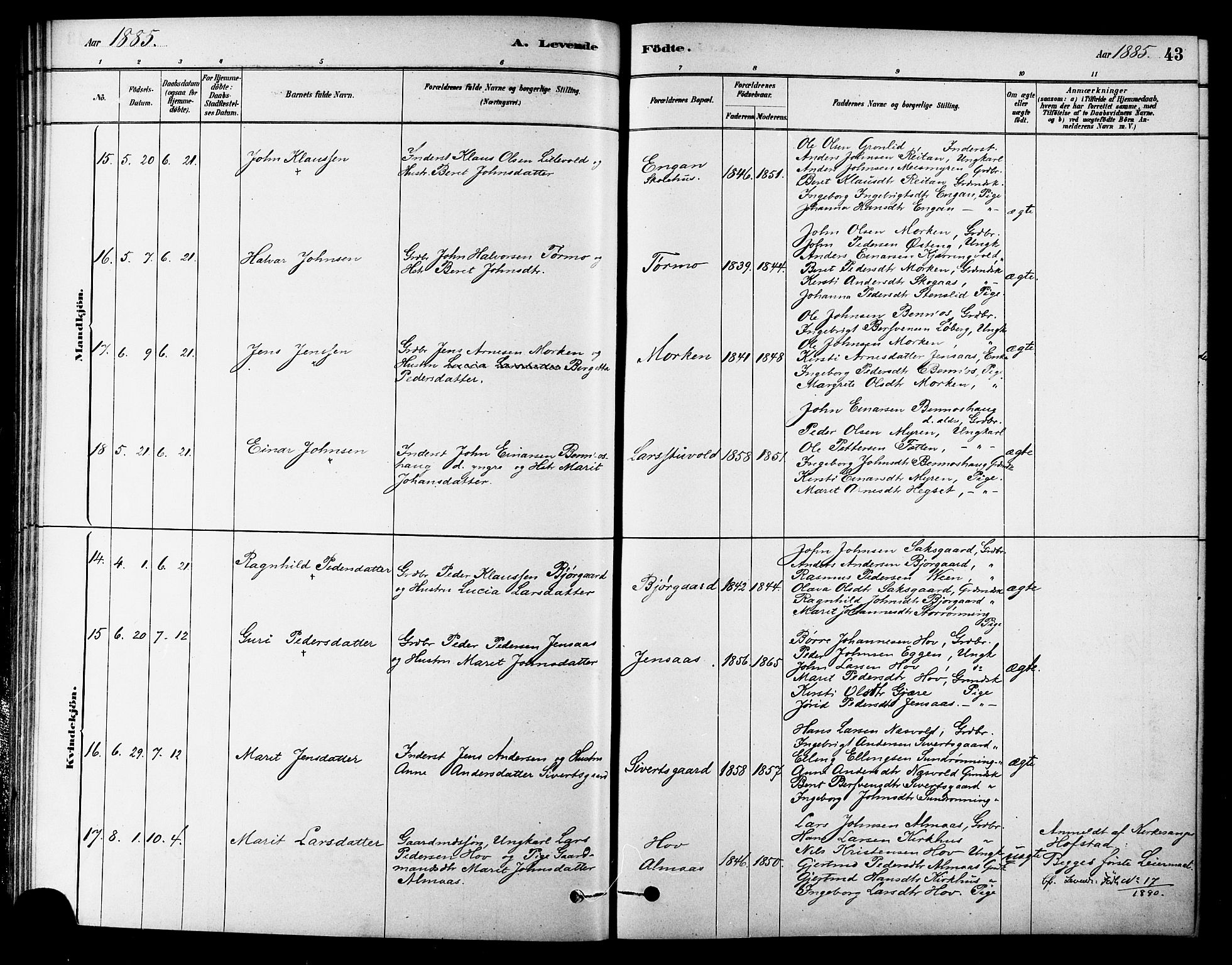 Ministerialprotokoller, klokkerbøker og fødselsregistre - Sør-Trøndelag, AV/SAT-A-1456/686/L0983: Ministerialbok nr. 686A01, 1879-1890, s. 43