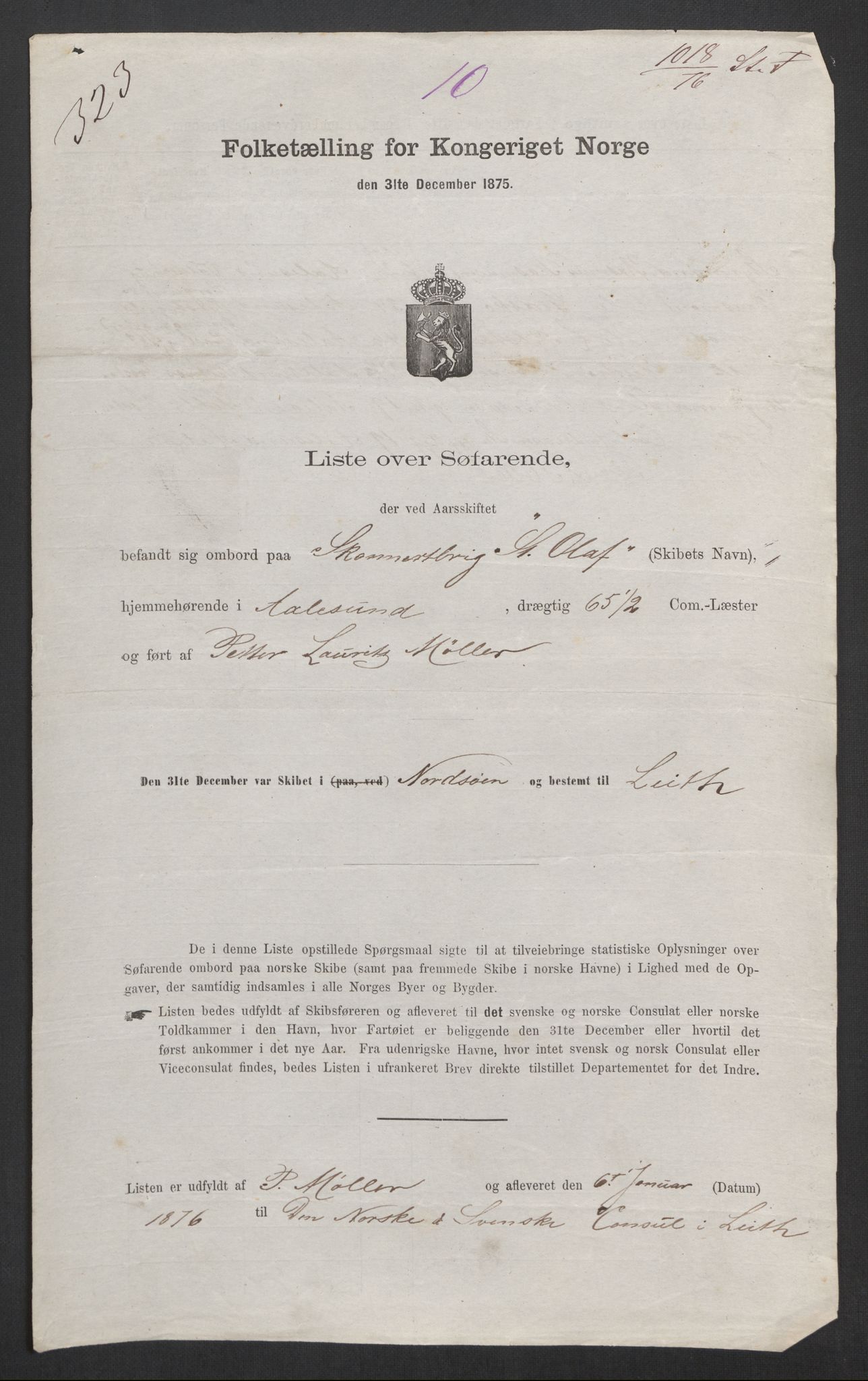 RA, Folketelling 1875, skipslister: Skip i utenrikske havner, hjemmehørende i 1) byer og ladesteder, Grimstad - Tromsø, 2) landdistrikter, 1875, s. 1026