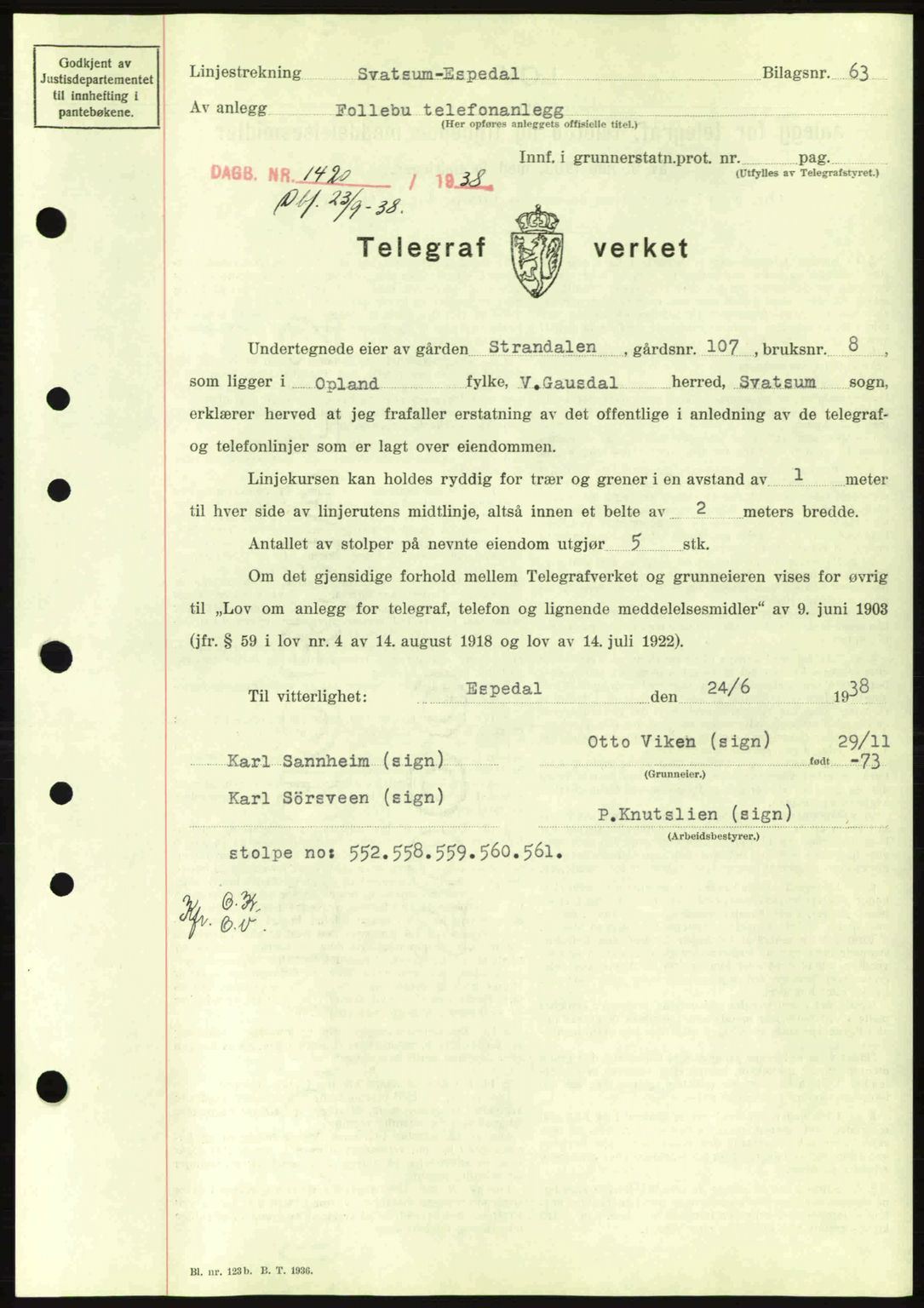 Sør-Gudbrandsdal tingrett, SAH/TING-004/H/Hb/Hbd/L0005: Pantebok nr. A5, 1938-1939, Dagboknr: 1420/1938