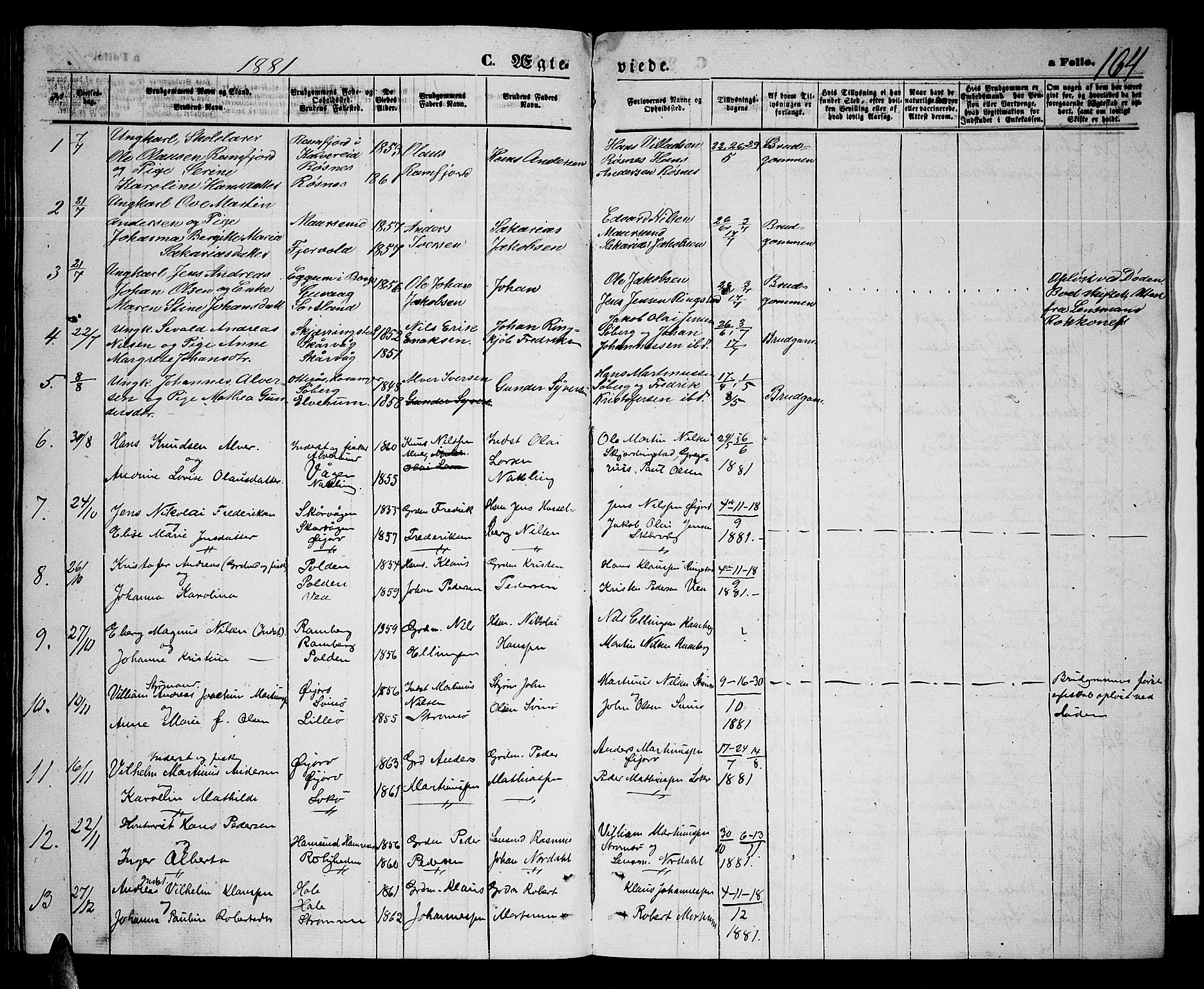 Ministerialprotokoller, klokkerbøker og fødselsregistre - Nordland, AV/SAT-A-1459/891/L1314: Klokkerbok nr. 891C03, 1870-1885, s. 164