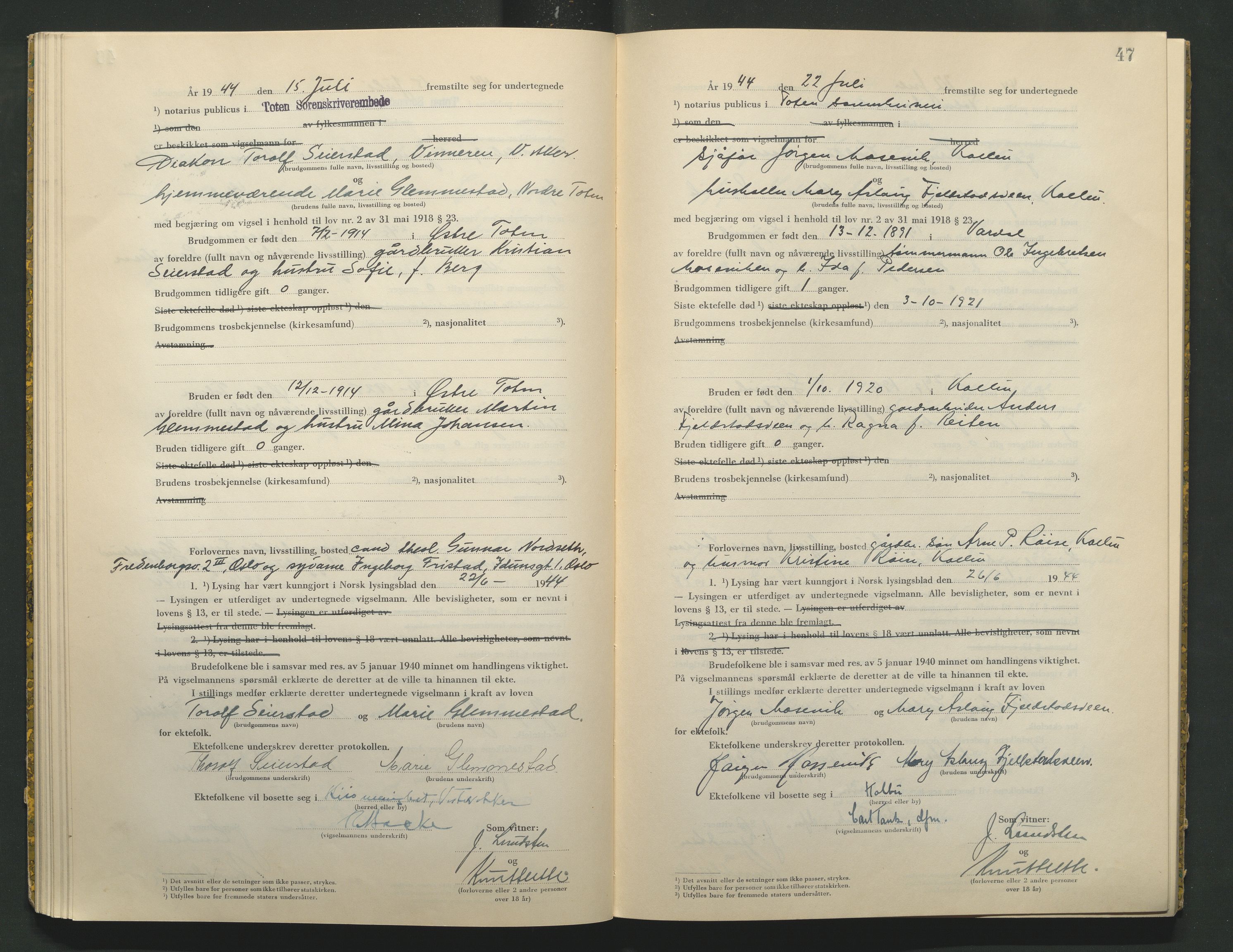 Toten tingrett, AV/SAH-TING-006/L/Lc/L0004: Vigselbok, 1944, s. 47