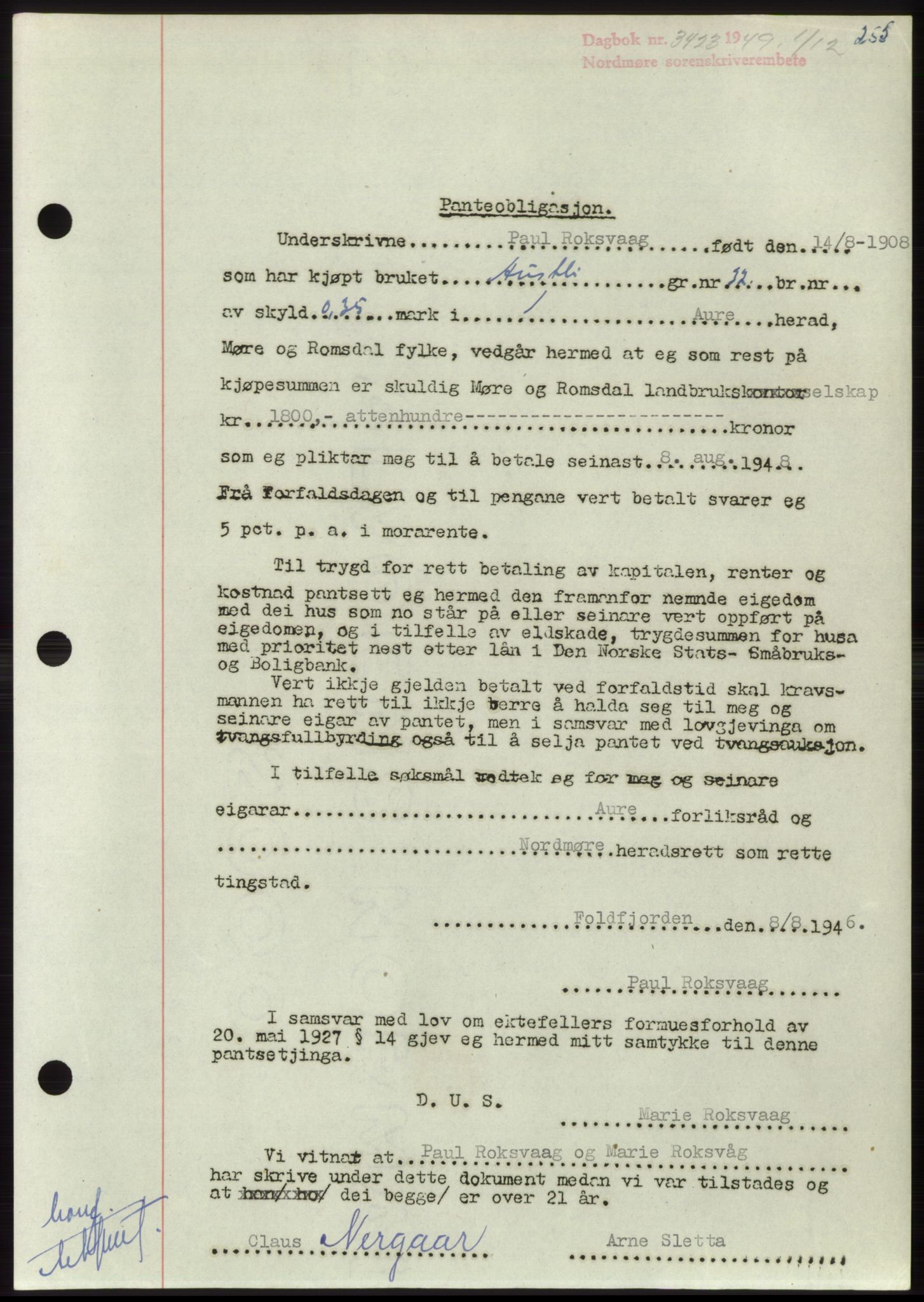 Nordmøre sorenskriveri, SAT/A-4132/1/2/2Ca: Pantebok nr. B103, 1949-1950, Dagboknr: 3423/1949