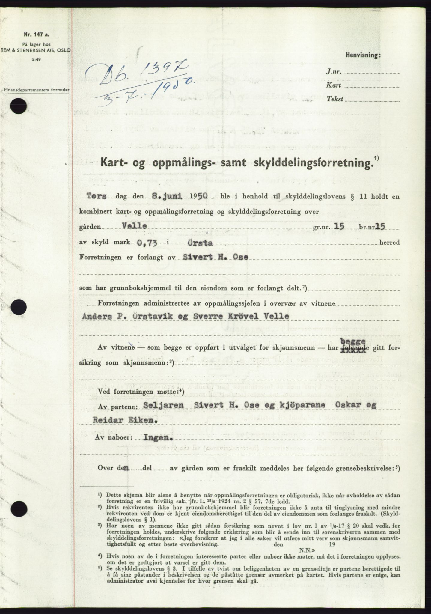 Søre Sunnmøre sorenskriveri, SAT/A-4122/1/2/2C/L0087: Pantebok nr. 13A, 1950-1950, Dagboknr: 1397/1950
