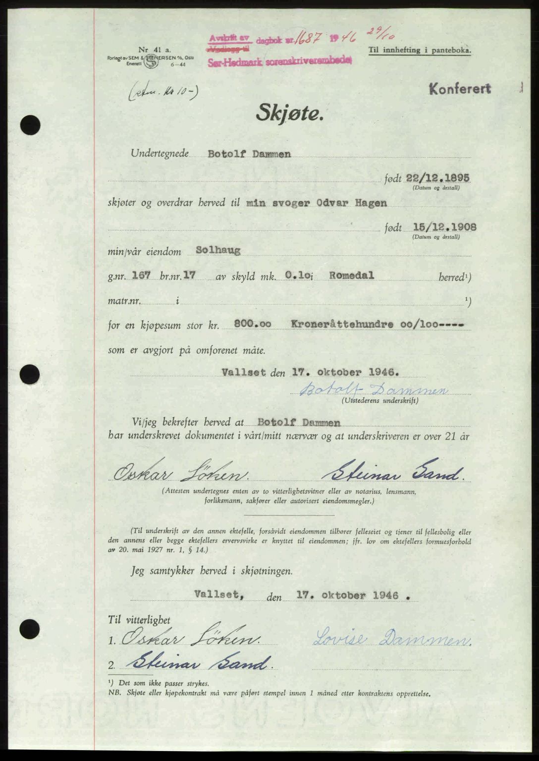 Sør-Hedmark sorenskriveri, AV/SAH-TING-014/H/Hb/Hbd/L0012: Pantebok nr. 12, 1946-1946, Dagboknr: 1687/1946