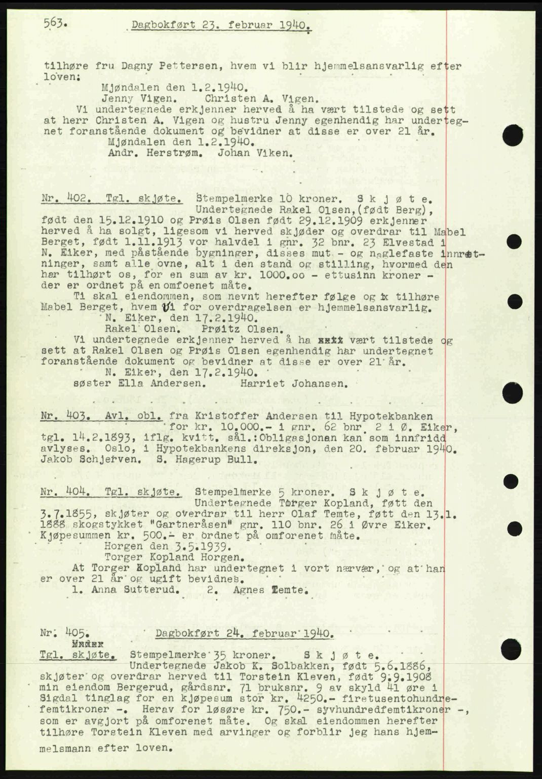 Eiker, Modum og Sigdal sorenskriveri, SAKO/A-123/G/Ga/Gab/L0041: Pantebok nr. A11, 1939-1940, Dagboknr: 402/1940