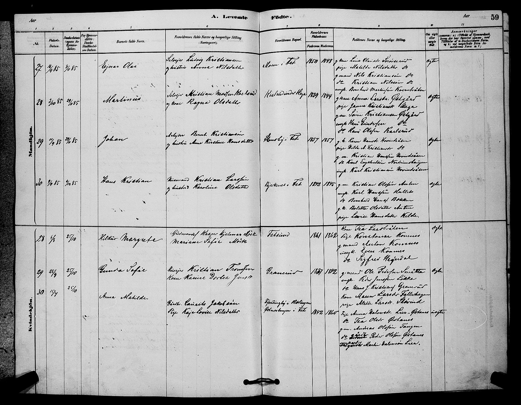 Fet prestekontor Kirkebøker, AV/SAO-A-10370a/G/Ga/L0006: Klokkerbok nr. I 6, 1878-1891, s. 59