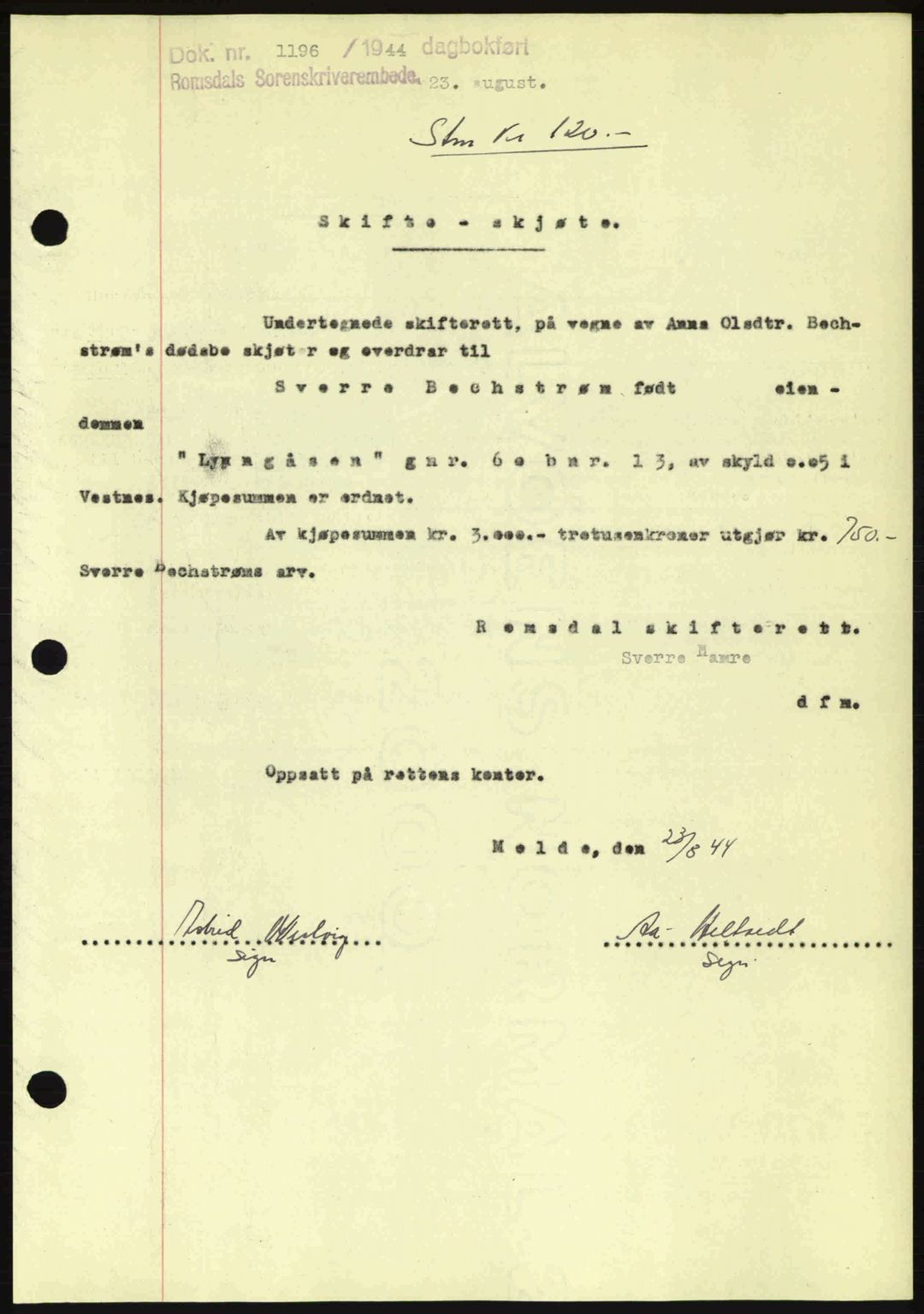 Romsdal sorenskriveri, AV/SAT-A-4149/1/2/2C: Pantebok nr. A16, 1944-1944, Dagboknr: 1196/1944