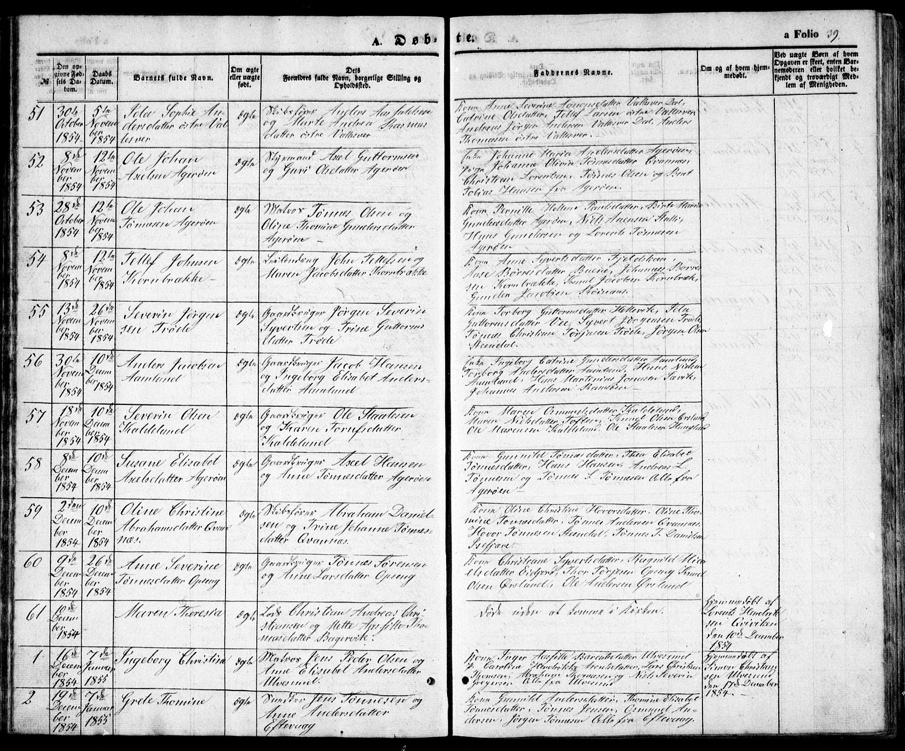 Høvåg sokneprestkontor, AV/SAK-1111-0025/F/Fb/L0002: Klokkerbok nr. B 2, 1847-1869, s. 39