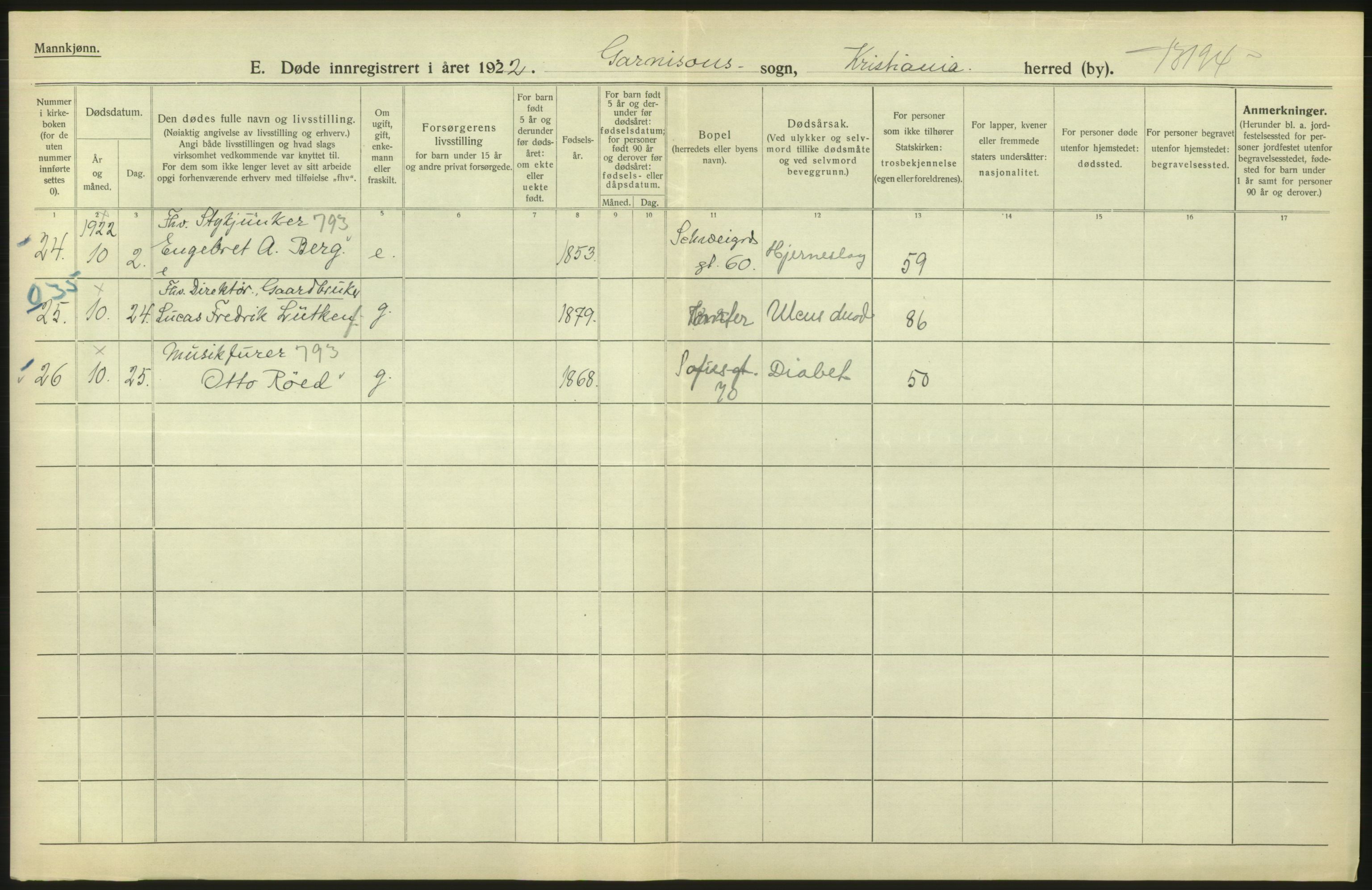 Statistisk sentralbyrå, Sosiodemografiske emner, Befolkning, AV/RA-S-2228/D/Df/Dfc/Dfcb/L0010: Kristiania: Døde, dødfødte, 1922, s. 604