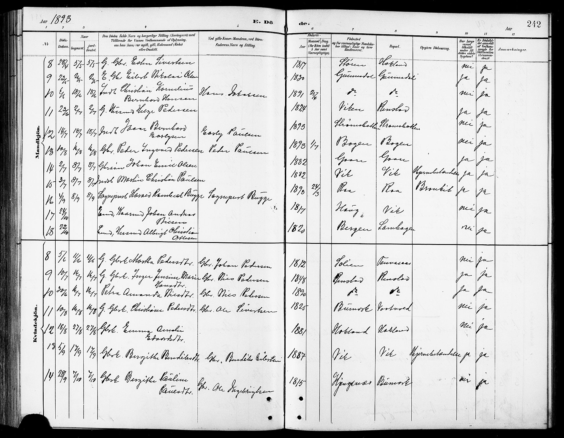 Kvæfjord sokneprestkontor, AV/SATØ-S-1323/G/Ga/Gab/L0005klokker: Klokkerbok nr. 5, 1886-1911, s. 242