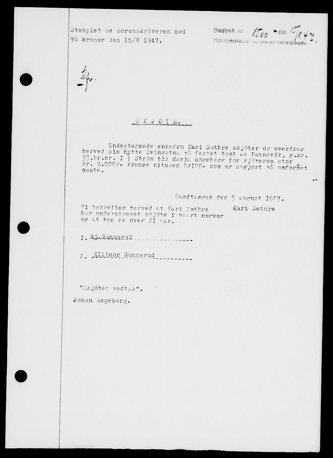 Holmestrand sorenskriveri, SAKO/A-67/G/Ga/Gaa/L0062: Pantebok nr. A-62, 1947-1947, Dagboknr: 1500/1947