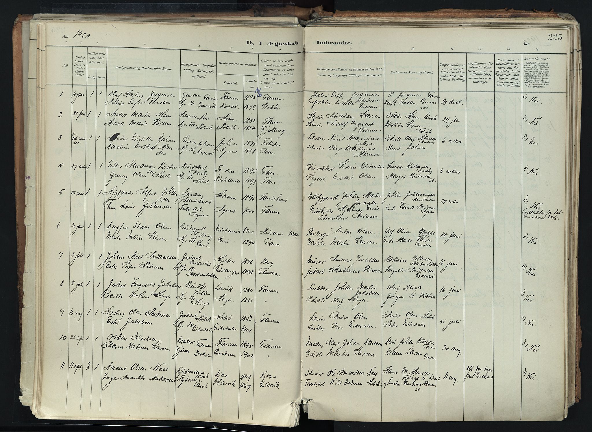Brunlanes kirkebøker, AV/SAKO-A-342/F/Fc/L0003: Ministerialbok nr. III 3, 1900-1922, s. 225