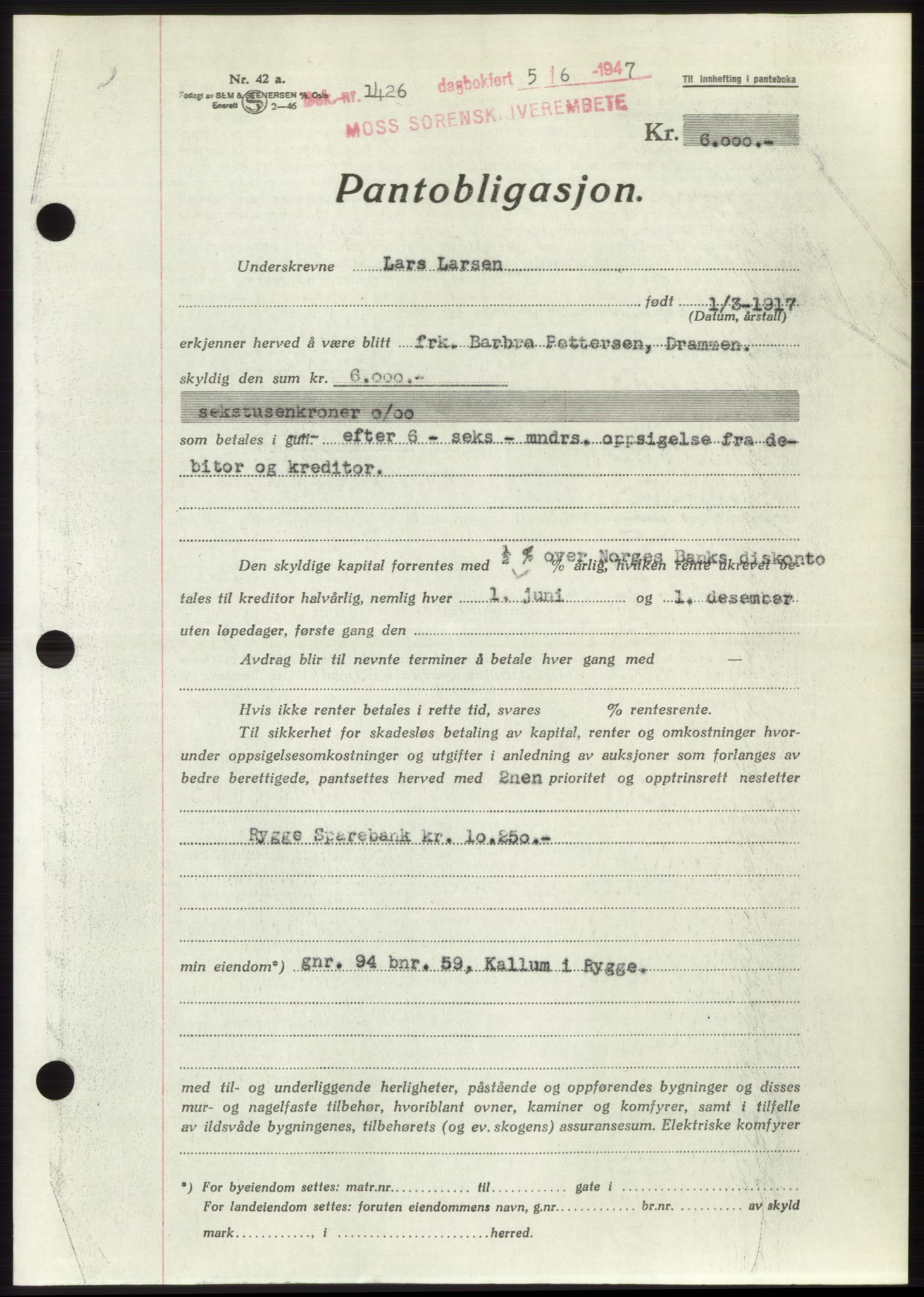 Moss sorenskriveri, SAO/A-10168: Pantebok nr. B17, 1947-1947, Dagboknr: 1426/1947