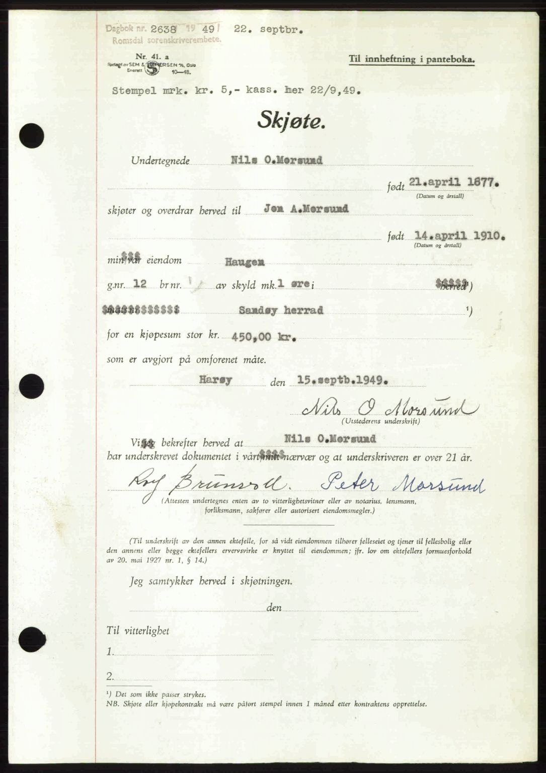 Romsdal sorenskriveri, AV/SAT-A-4149/1/2/2C: Pantebok nr. A31, 1949-1949, Dagboknr: 2638/1949