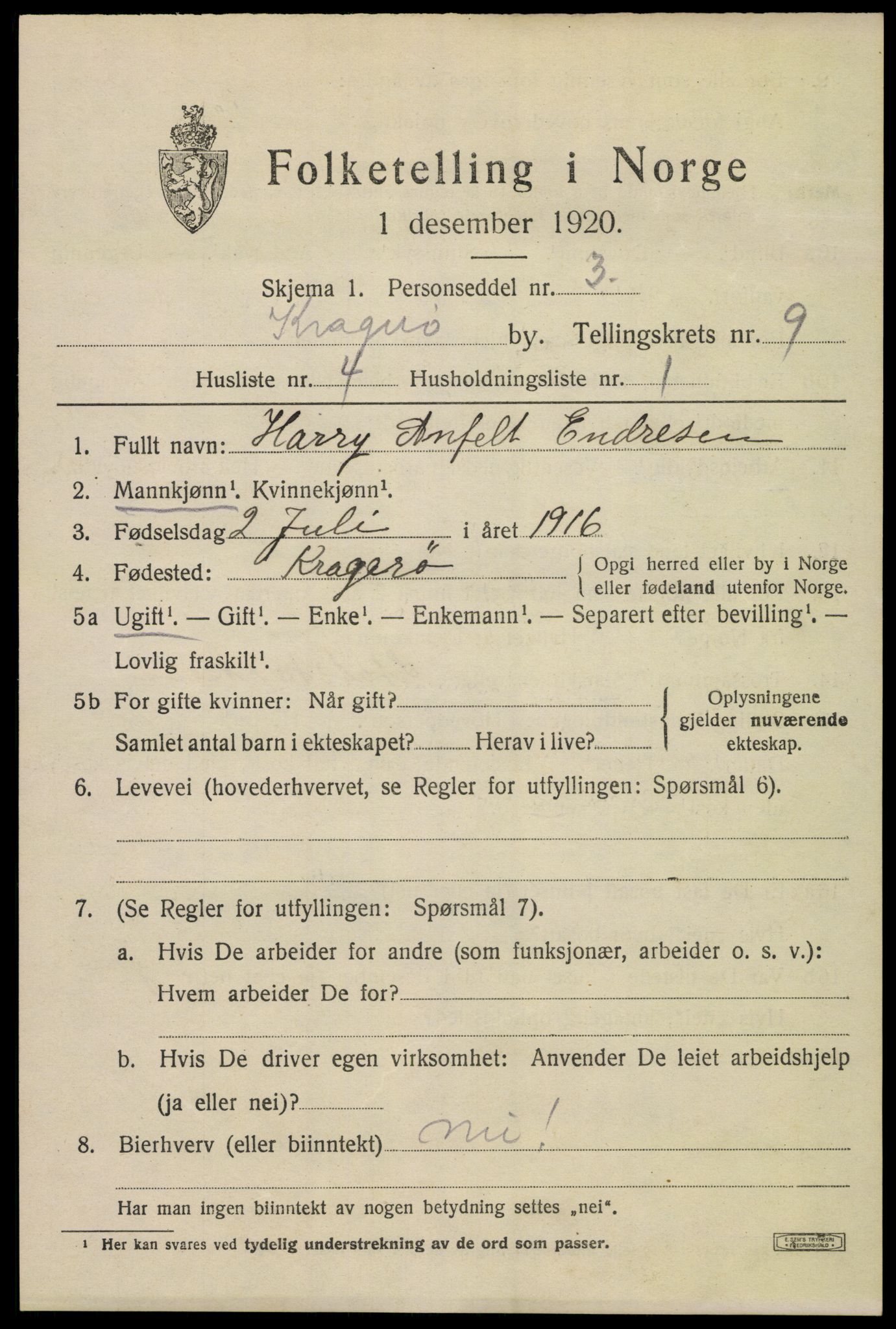 SAKO, Folketelling 1920 for 0801 Kragerø kjøpstad, 1920, s. 11991