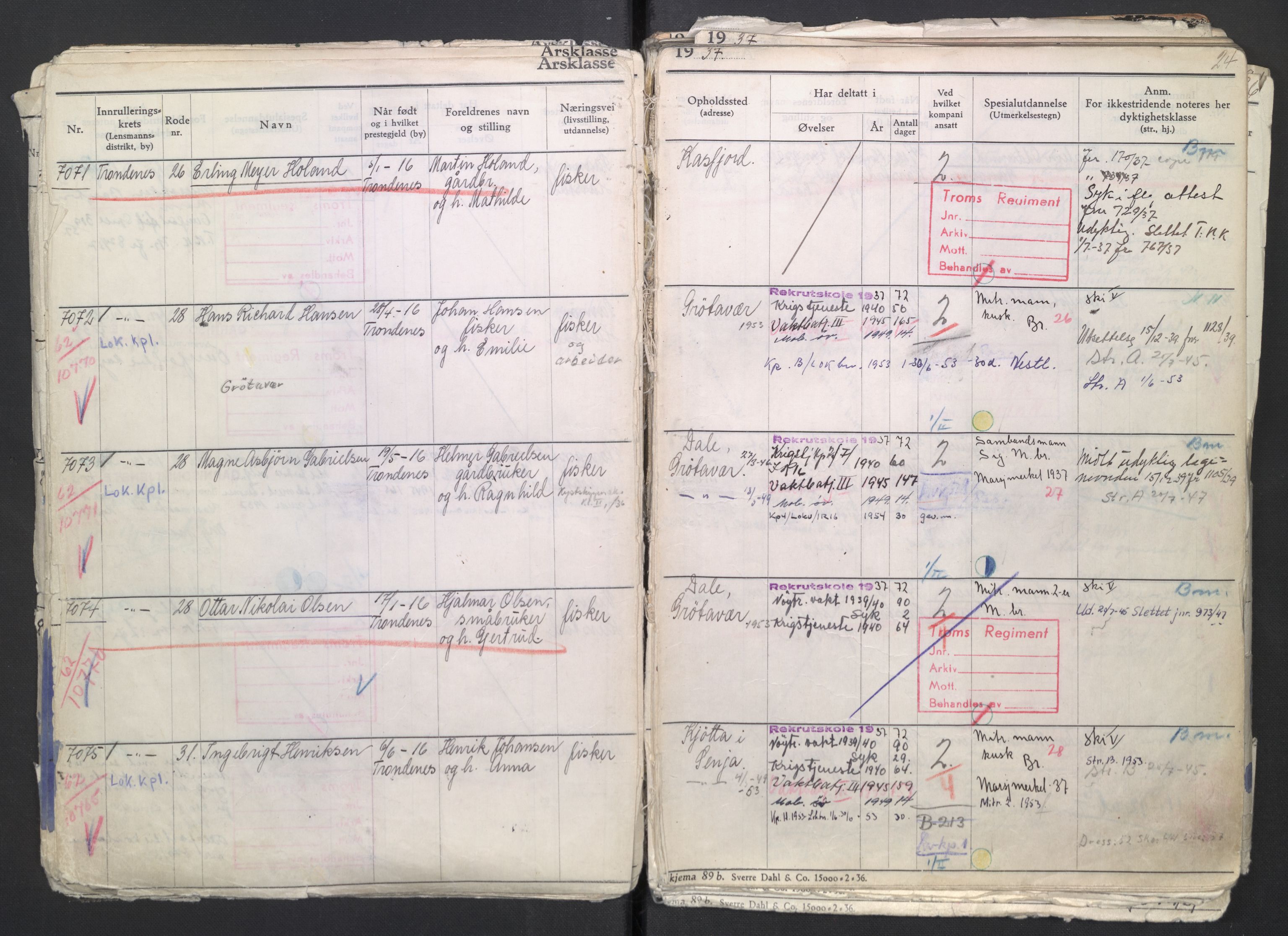 Forsvaret, Troms infanteriregiment nr. 16, AV/RA-RAFA-3146/P/Pa/L0007/0002: Ruller / Rulle for regimentets menige mannskaper, årsklasse 1937, 1937, s. 24