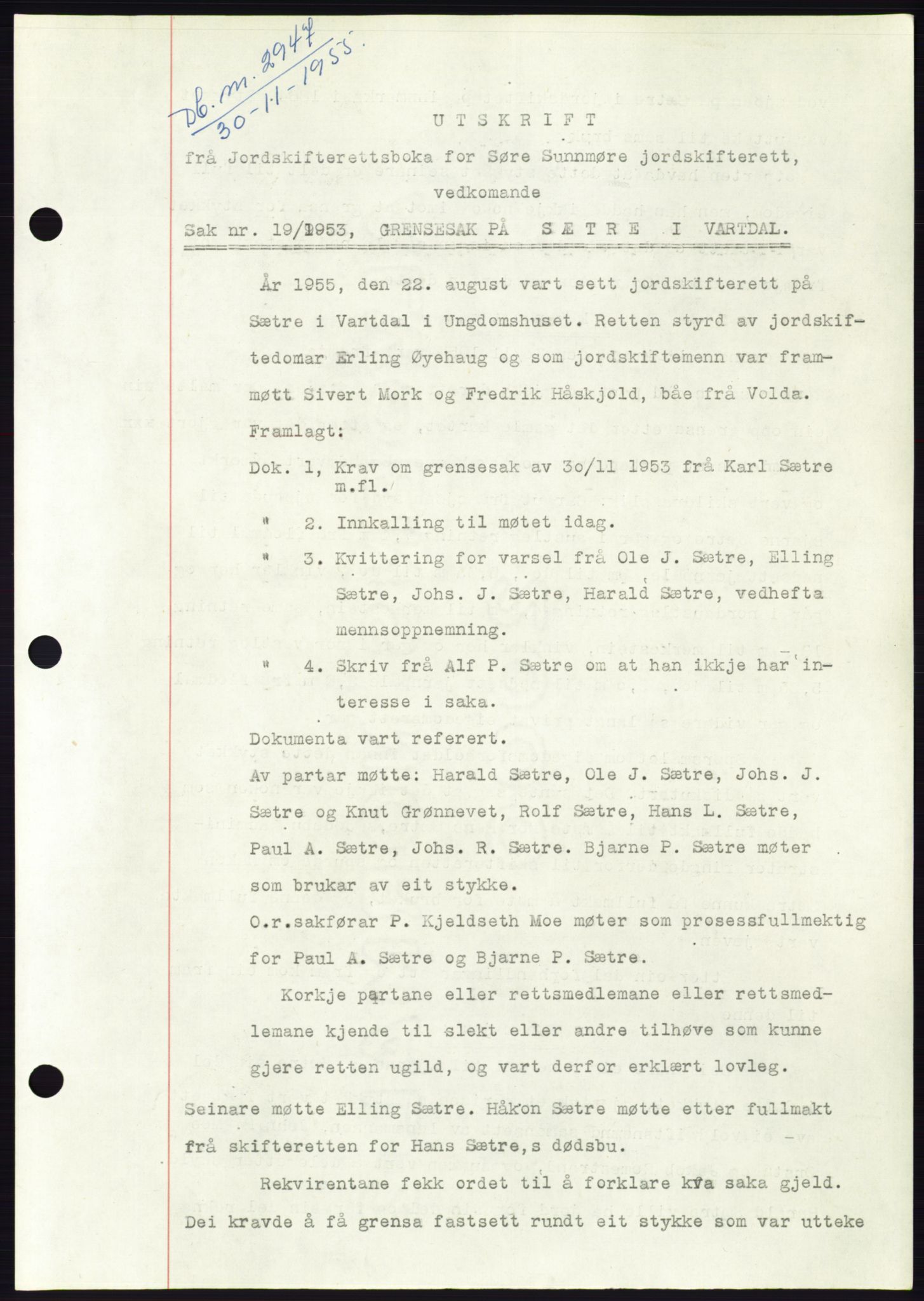 Søre Sunnmøre sorenskriveri, SAT/A-4122/1/2/2C/L0102: Pantebok nr. 28A, 1955-1956, Dagboknr: 2947/1955