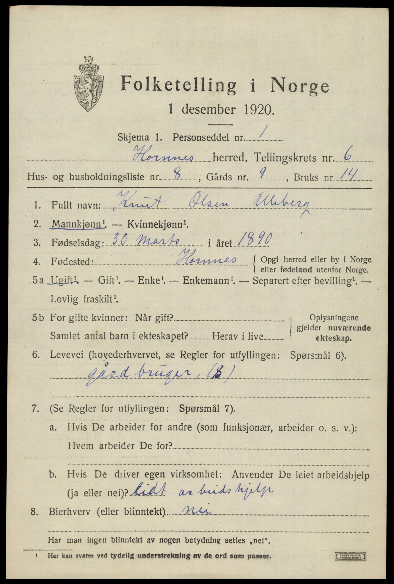 SAK, Folketelling 1920 for 0936 Hornnes herred, 1920, s. 1633