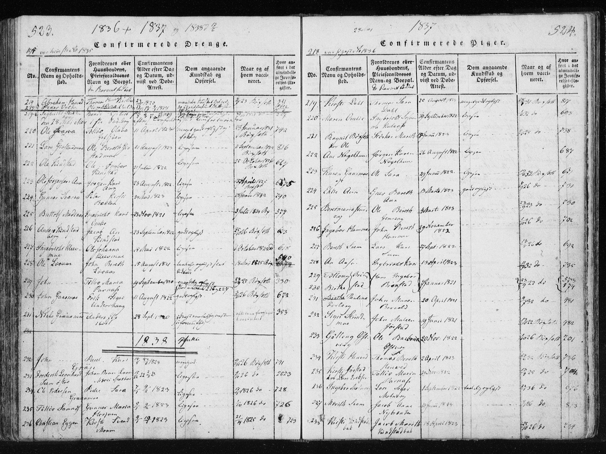 Ministerialprotokoller, klokkerbøker og fødselsregistre - Nord-Trøndelag, SAT/A-1458/749/L0469: Ministerialbok nr. 749A03, 1817-1857, s. 523-524