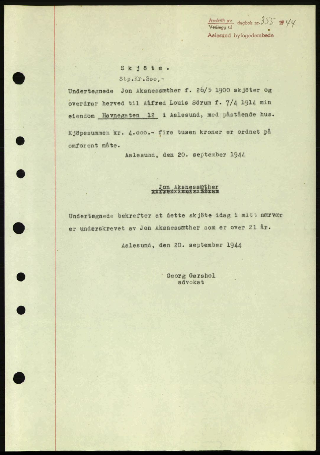 Ålesund byfogd, AV/SAT-A-4384: Pantebok nr. 36a, 1944-1945, Dagboknr: 355/1944