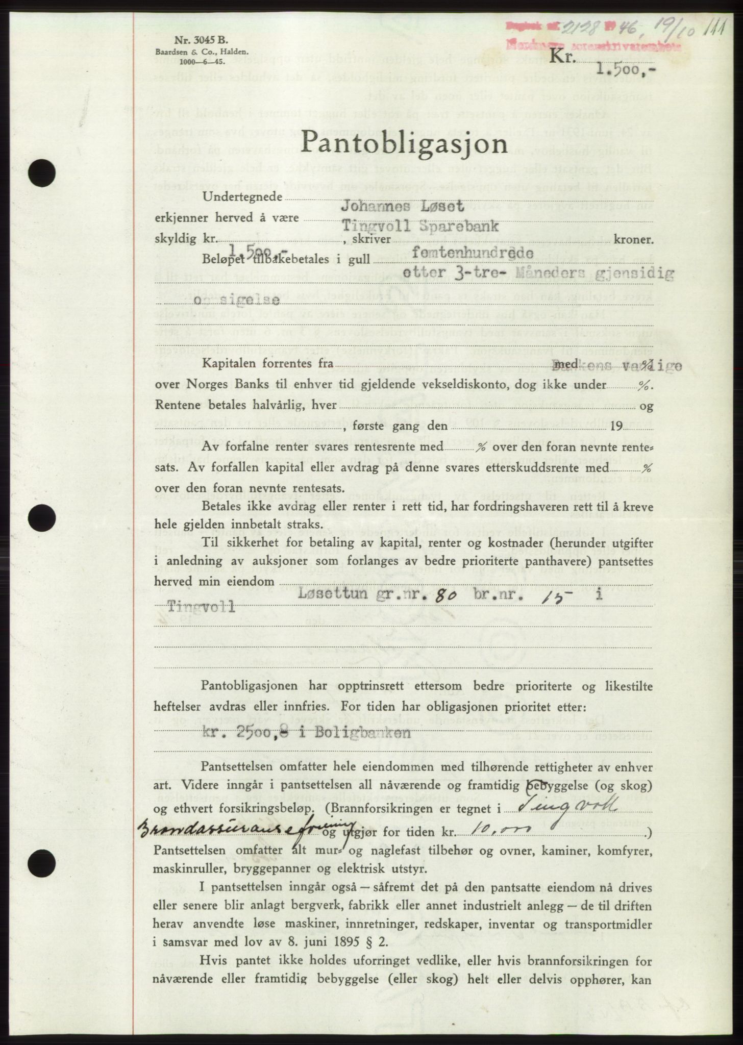 Nordmøre sorenskriveri, SAT/A-4132/1/2/2Ca: Pantebok nr. B95, 1946-1947, Dagboknr: 2128/1946