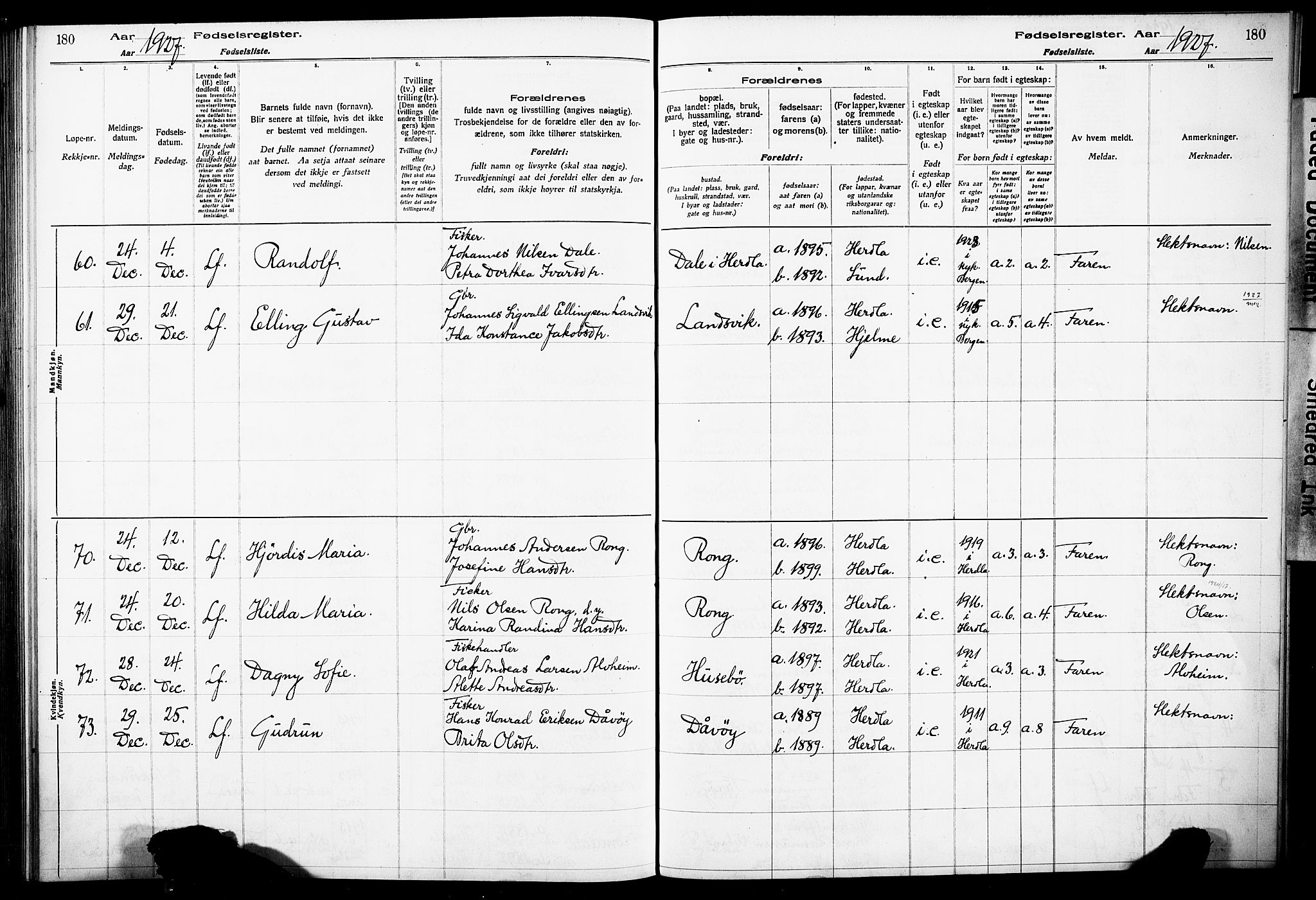 Herdla Sokneprestembete, AV/SAB-A-75701/I/Id/L00A1: Fødselsregister nr. A 1, 1916-1929, s. 180