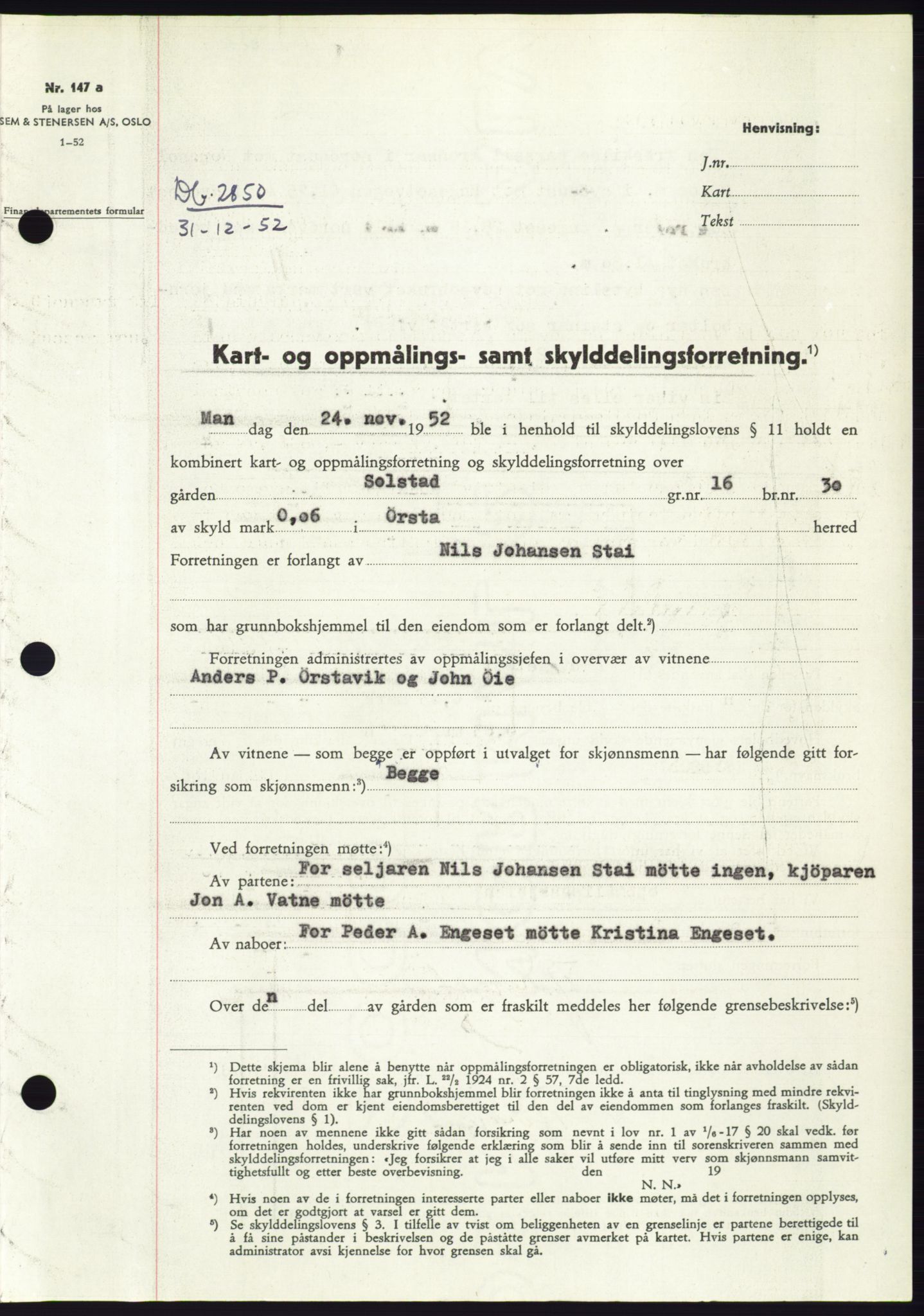 Søre Sunnmøre sorenskriveri, SAT/A-4122/1/2/2C/L0093: Pantebok nr. 19A, 1952-1953, Dagboknr: 2850/1952