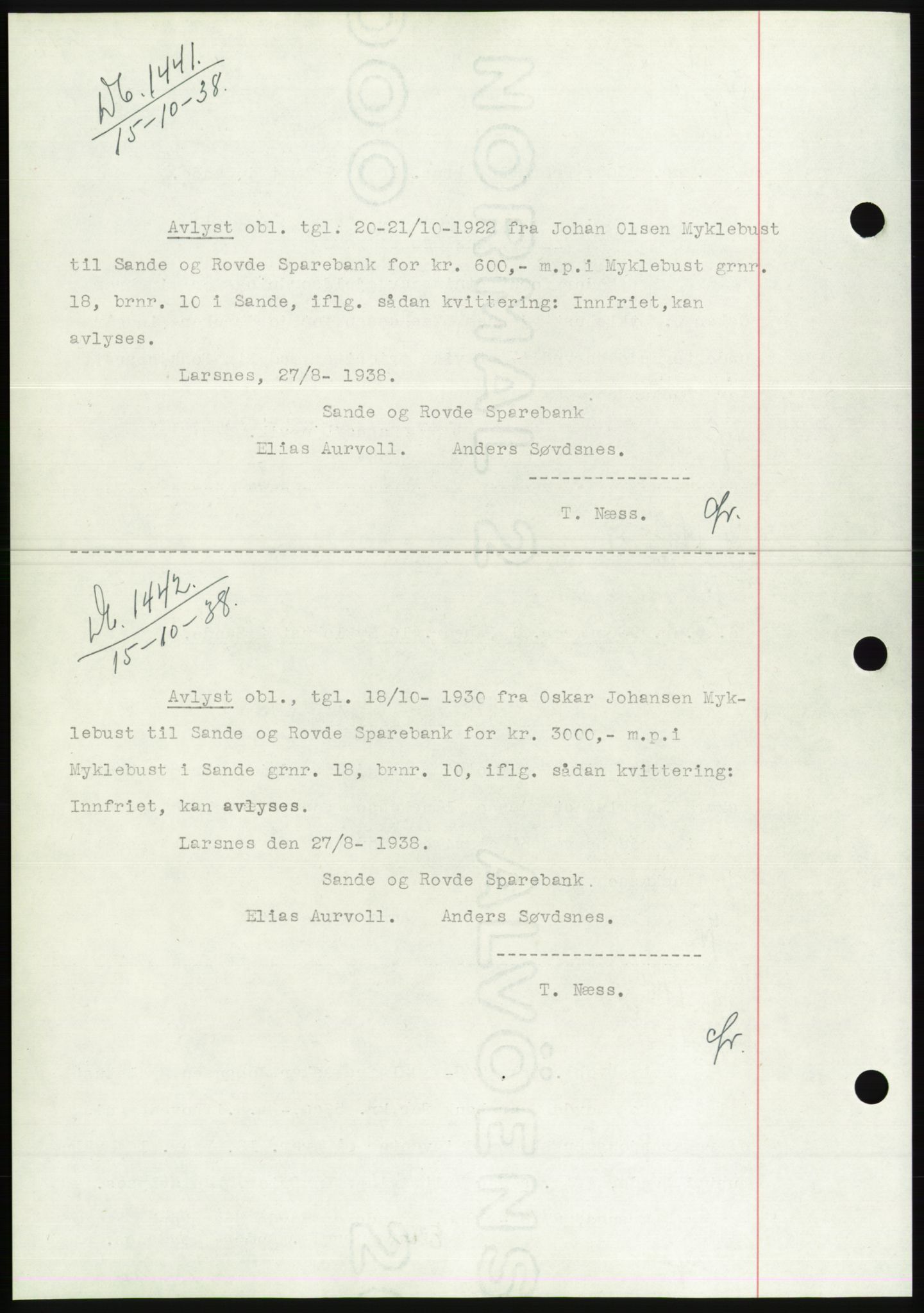 Søre Sunnmøre sorenskriveri, AV/SAT-A-4122/1/2/2C/L0066: Pantebok nr. 60, 1938-1938, Dagboknr: 1441/1938