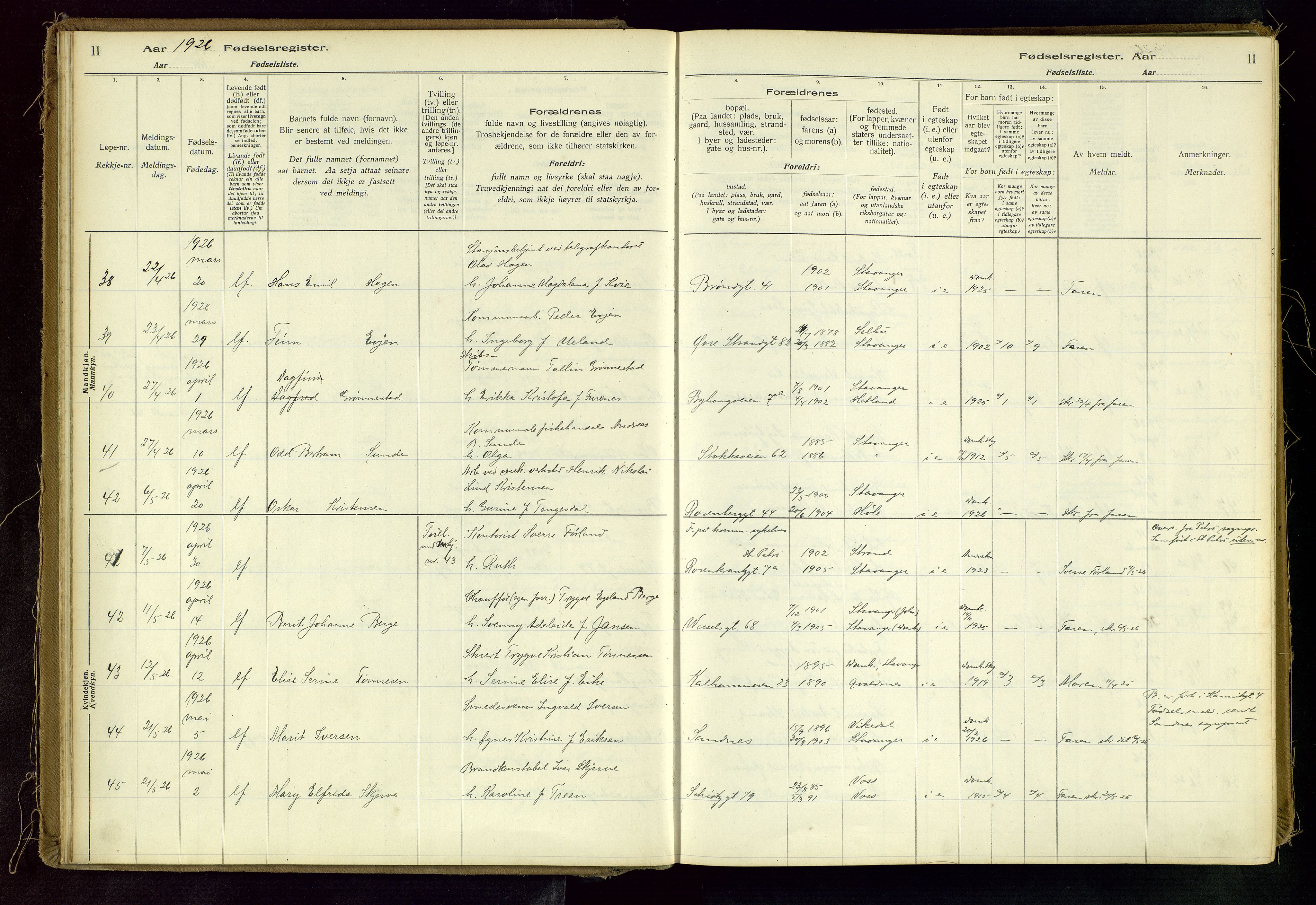 Domkirken sokneprestkontor, AV/SAST-A-101812/002/A/L0001: Fødselsregister nr. 1, 1925-1932, s. 11