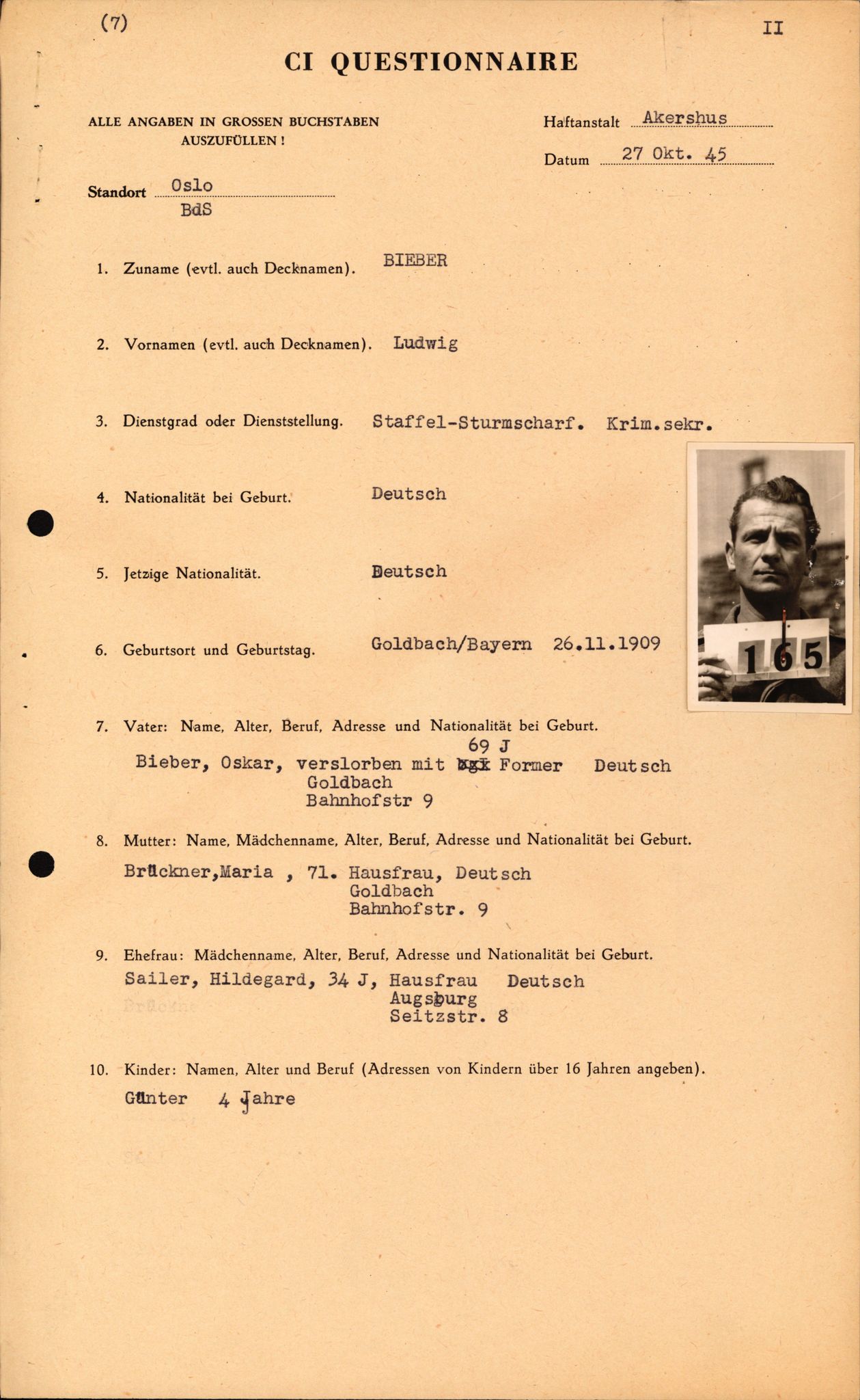 Forsvaret, Forsvarets overkommando II, RA/RAFA-3915/D/Db/L0003: CI Questionaires. Tyske okkupasjonsstyrker i Norge. Tyskere., 1945-1946, s. 145