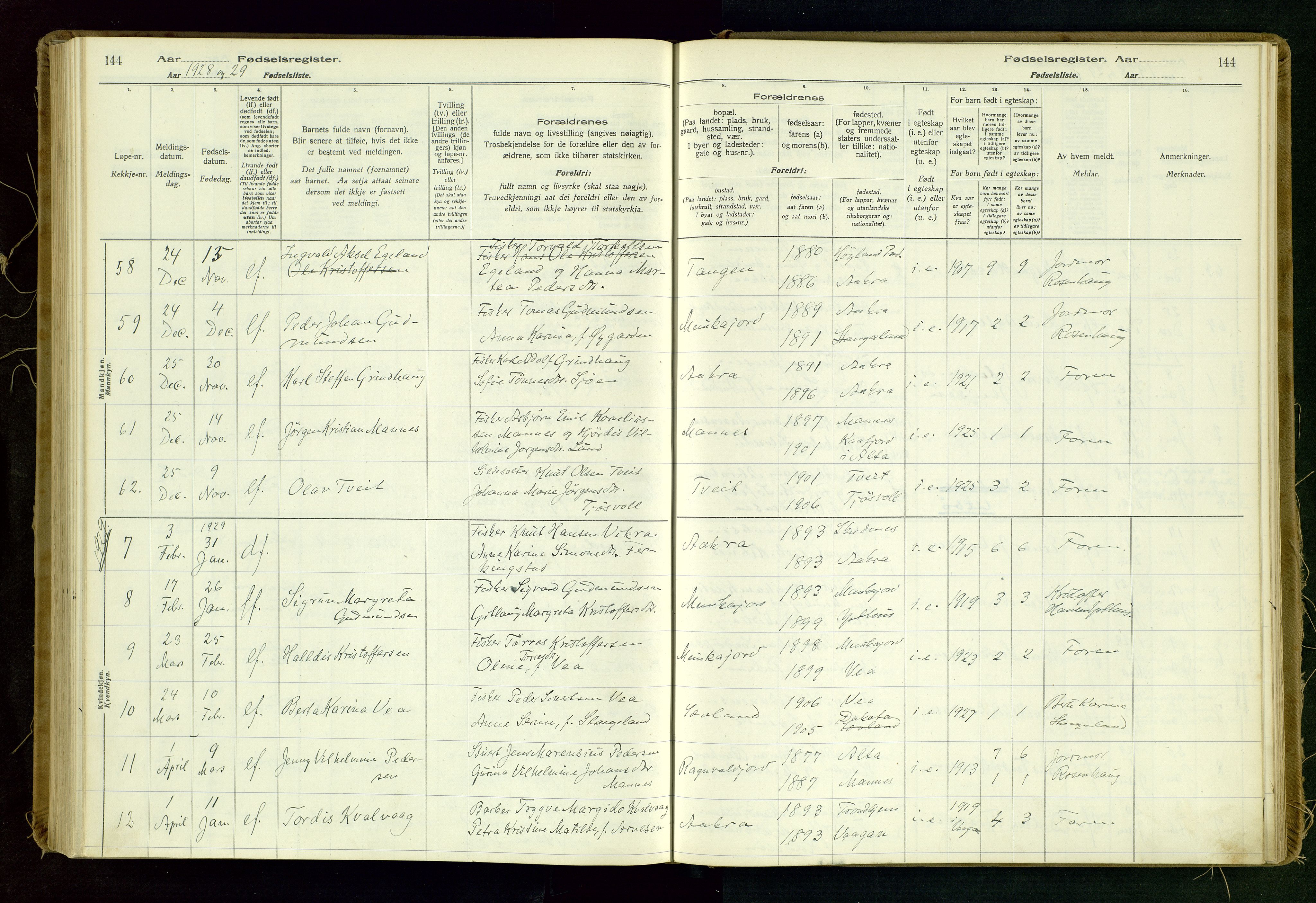 Kopervik sokneprestkontor, SAST/A-101850/I/Id/L0006: Fødselsregister nr. 6, 1916-1934, s. 144