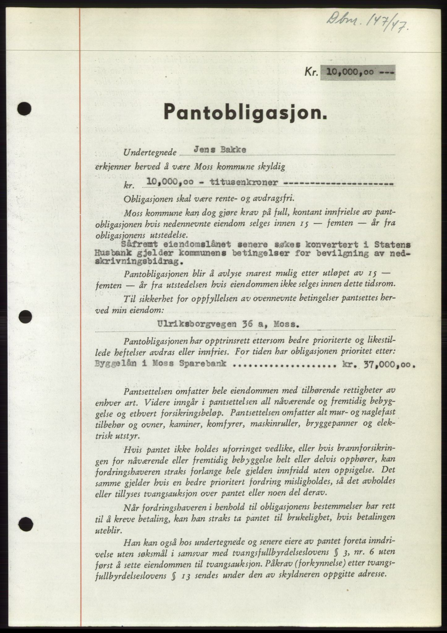Moss sorenskriveri, SAO/A-10168: Pantebok nr. B16, 1946-1947, Dagboknr: 147/1947