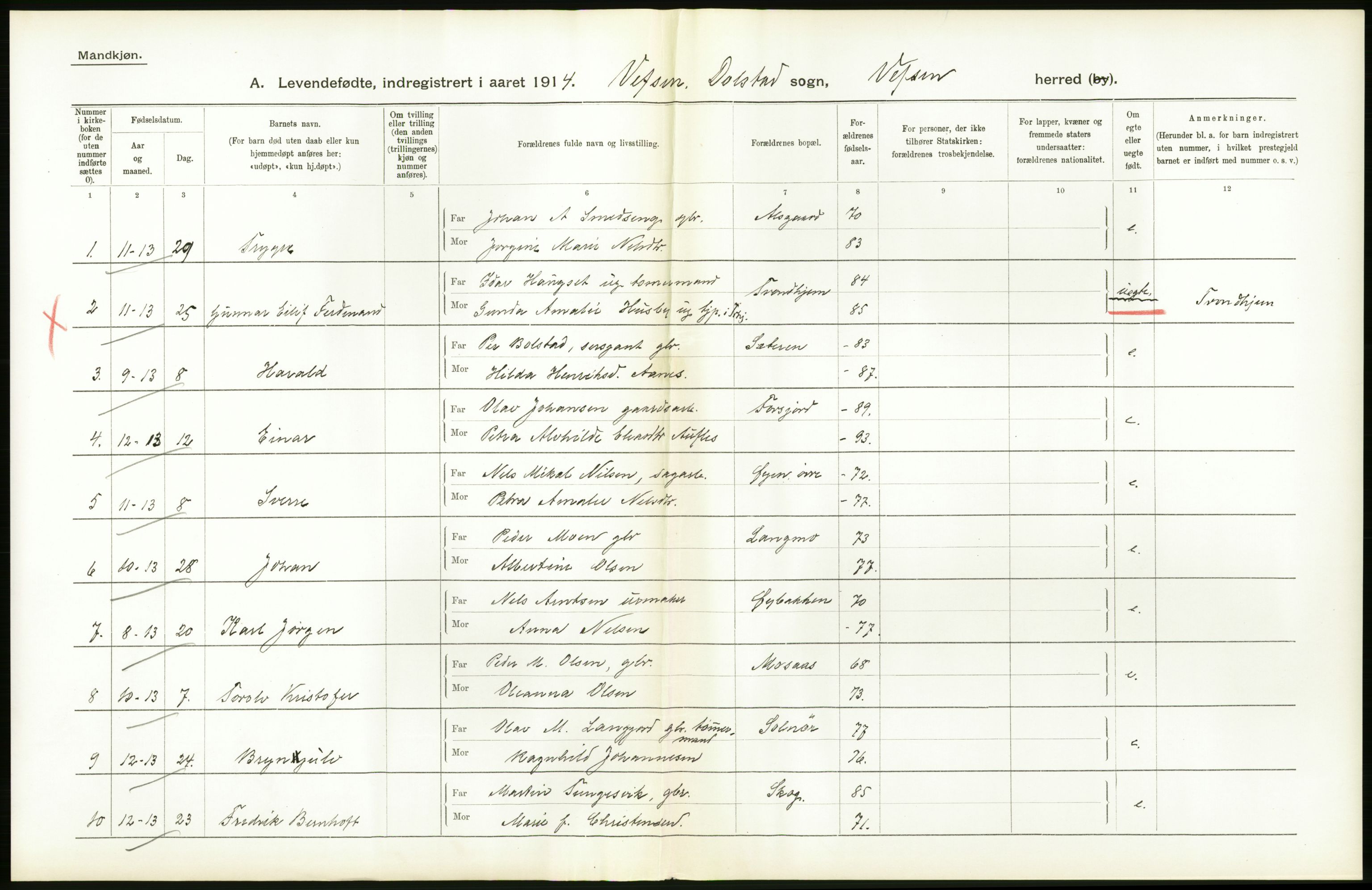 Statistisk sentralbyrå, Sosiodemografiske emner, Befolkning, AV/RA-S-2228/D/Df/Dfb/Dfbd/L0043: Nordlands amt: Levendefødte menn og kvinner. Bygder., 1914, s. 48