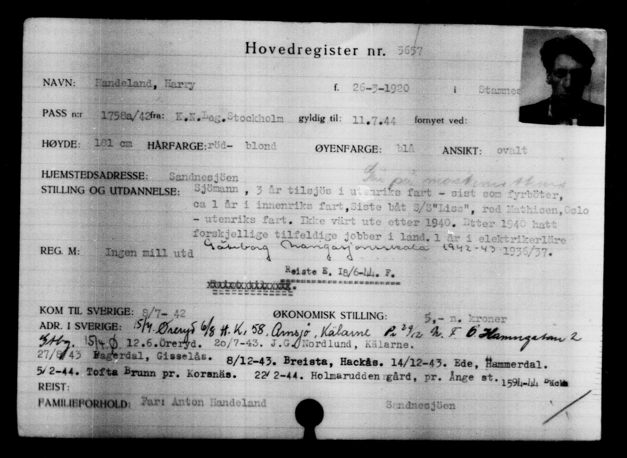 Utenriksstasjonene, Legasjonen i Stockholm, Flyktningkontoret, AV/RA-S-6753/V/Va/L0004: Kjesäterkartoteket, flyktninger med registreringsnr. 3496-6610, 1940-1945, s. 2502