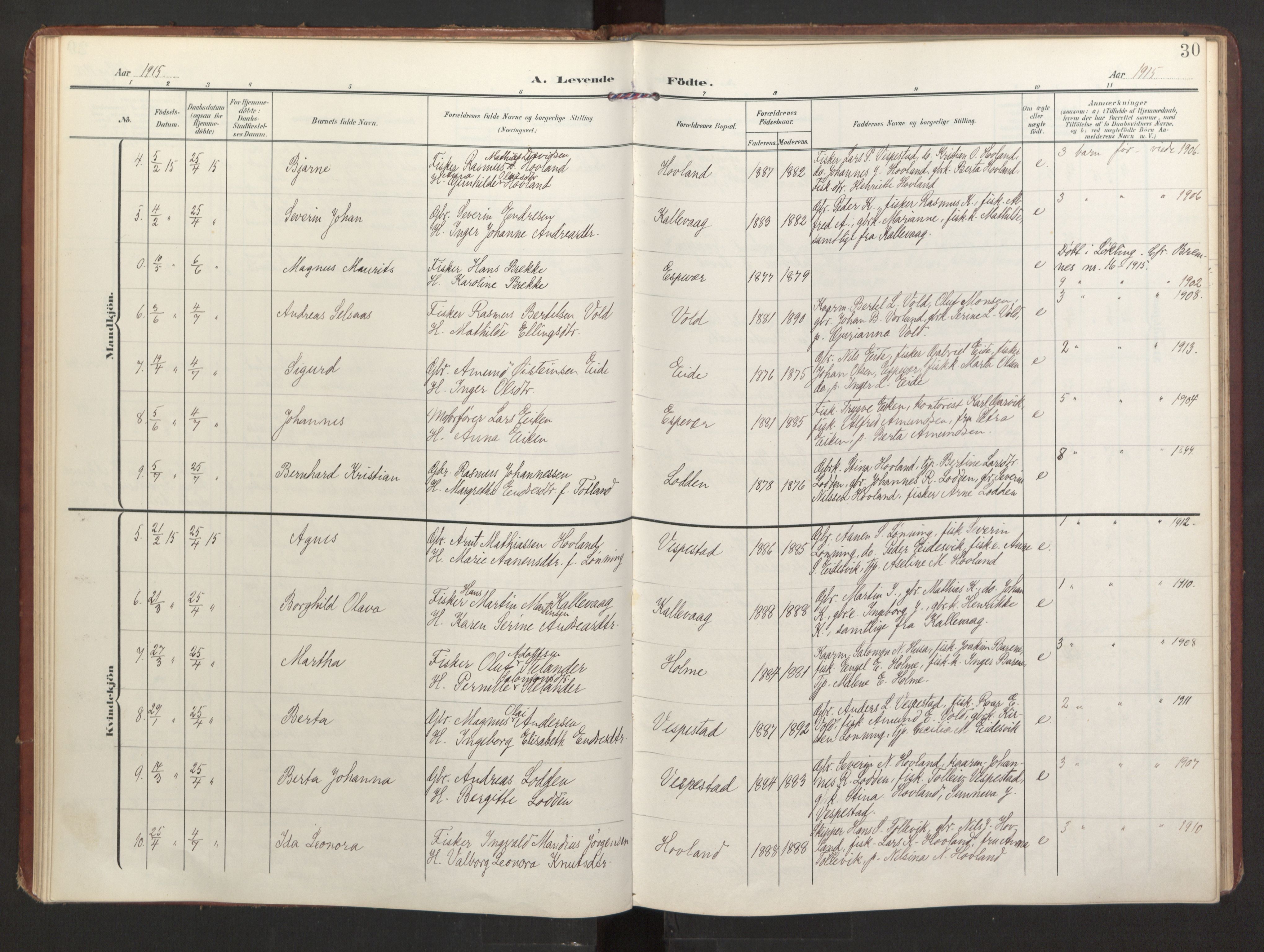 Finnås sokneprestembete, AV/SAB-A-99925/H/Ha/Haa/Haad/L0003: Ministerialbok nr. D 3, 1907-1921, s. 30