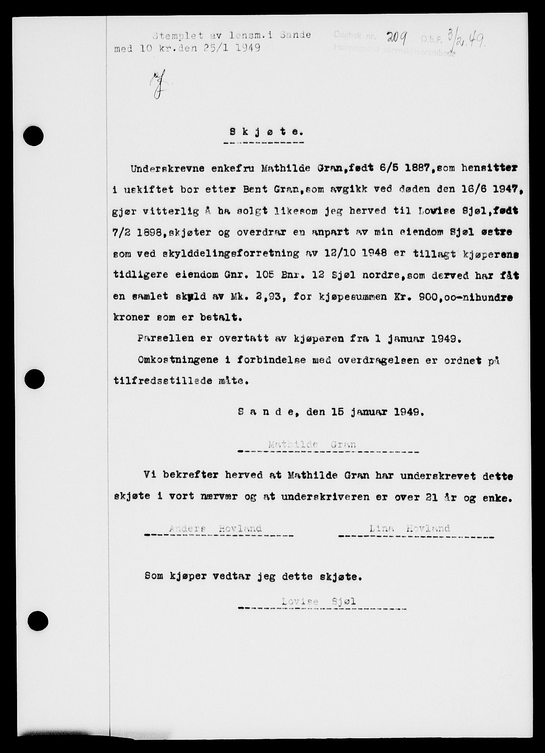 Holmestrand sorenskriveri, SAKO/A-67/G/Ga/Gaa/L0065: Pantebok nr. A-65, 1948-1949, Dagboknr: 209/1949