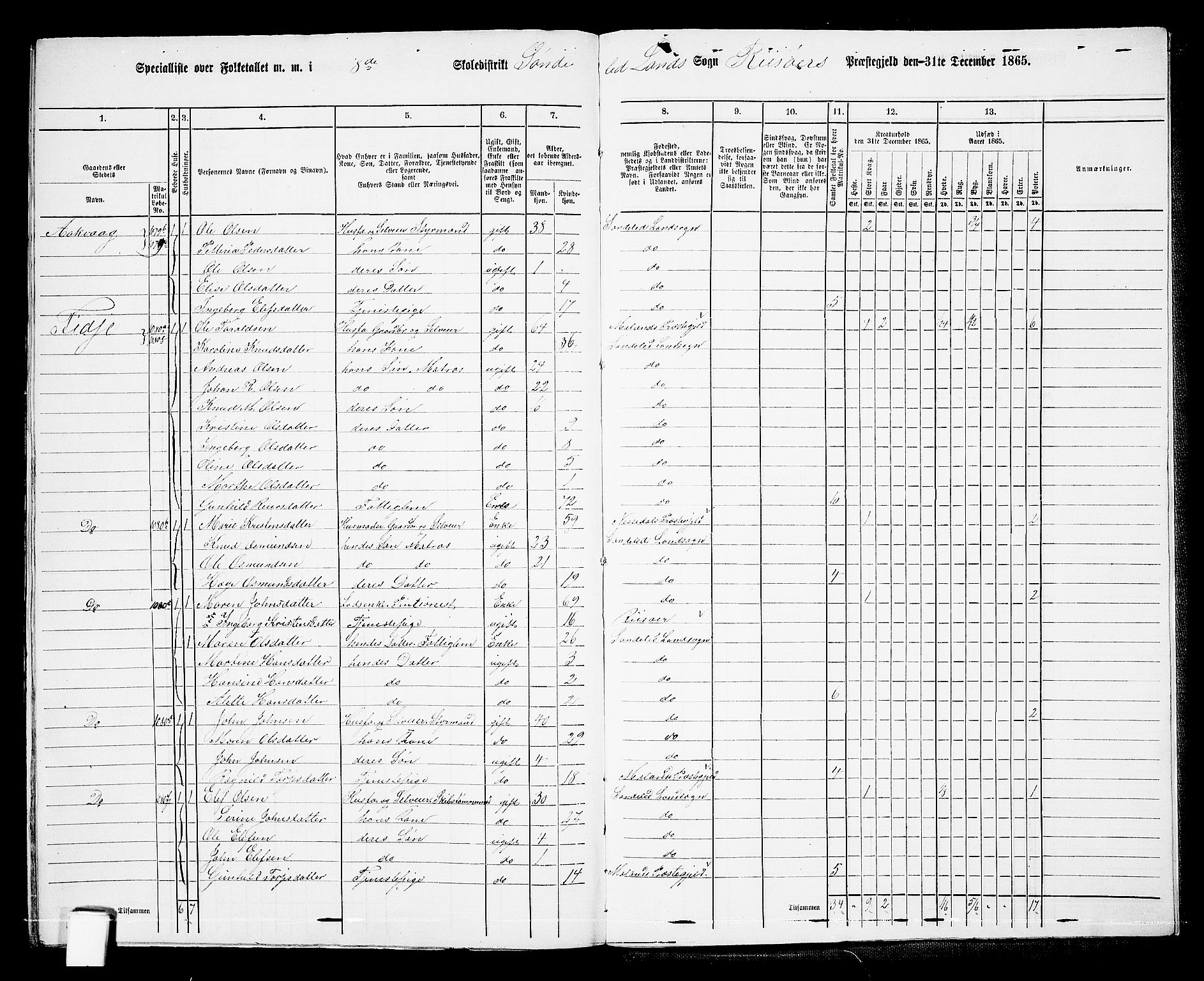 RA, Folketelling 1865 for 0913L Risør prestegjeld, Søndeled sokn, 1865, s. 148